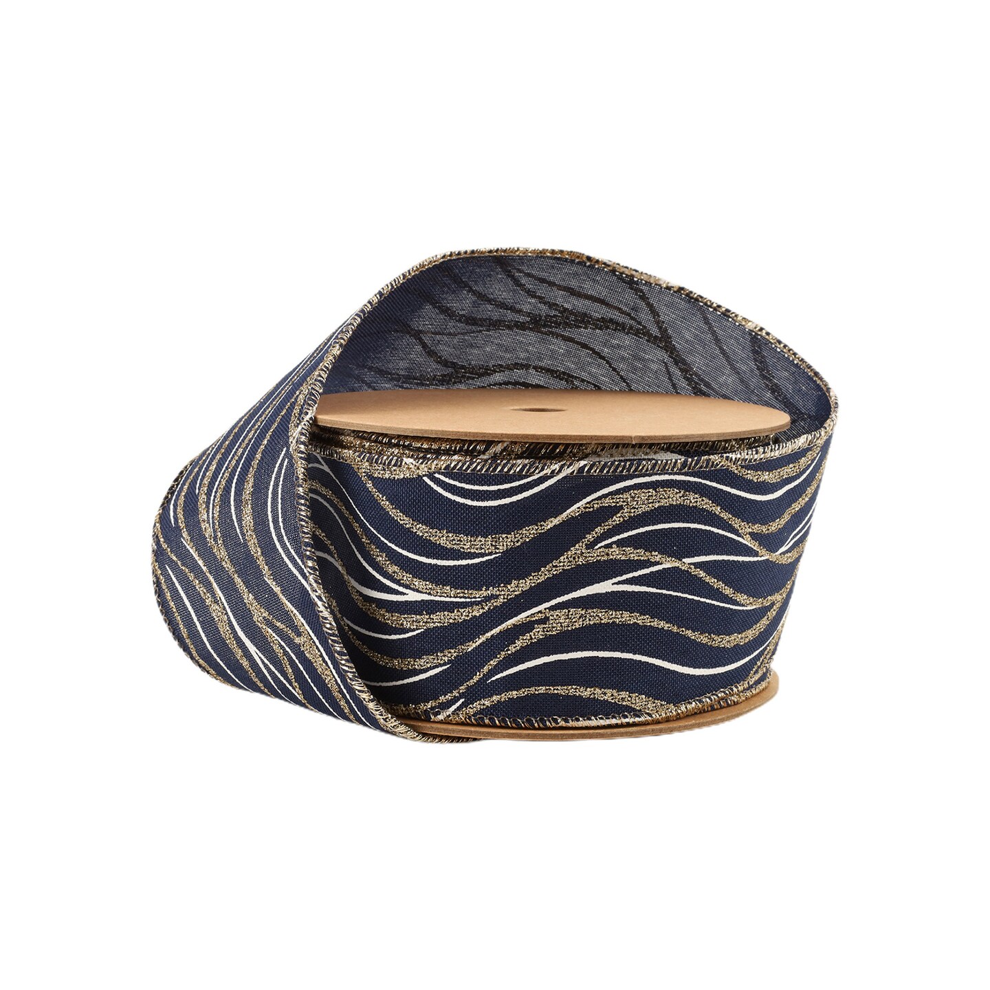 LaRibbons 2 1/2" Faux Linen Wired Ribbon | Blue w/ Gold Glitter and Print White Curve | 10 Yard Roll