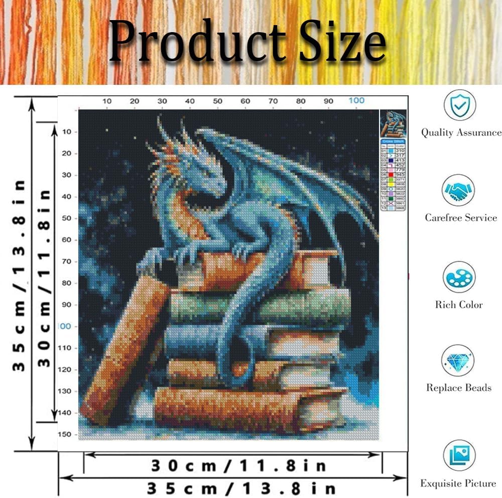 Dragon Book Stamped Cross Stitch Kit for Adults – Beginner-Friendly 11CT Pre-Printed Canvas with Threads & Needles, DIY Embroidery Craft, 13.8×13.8 Inch