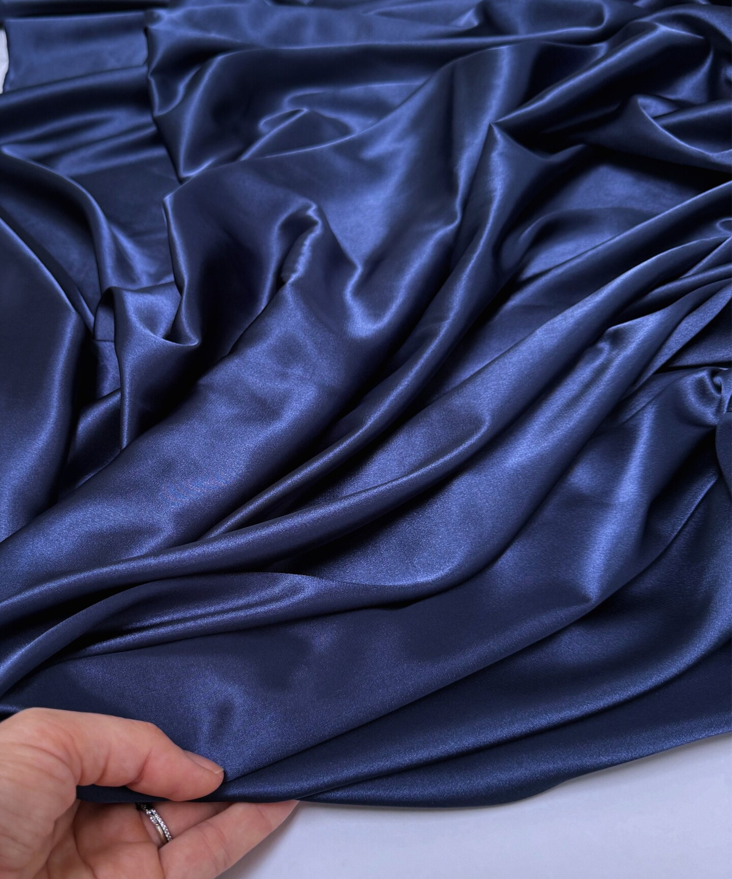 Navy Blue Stretch Charmeuse Satin Fabric by the Yard, 58" Wide Silky Lightweight Satin for Bridesmaid Dresses, Gowns, Lingerie