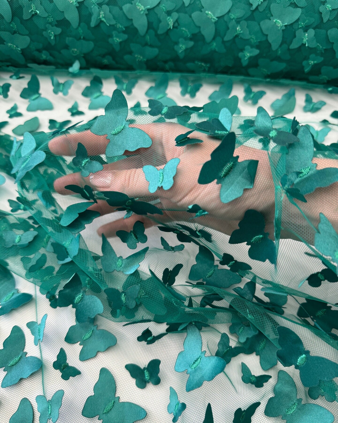 Emerald Green 3D Butterfly Nylon Tulle Fabric by the Yard, 63" Wide Soft Stretch Mesh Fabric for Veils, Wedding Dresses, Decor & Sewing