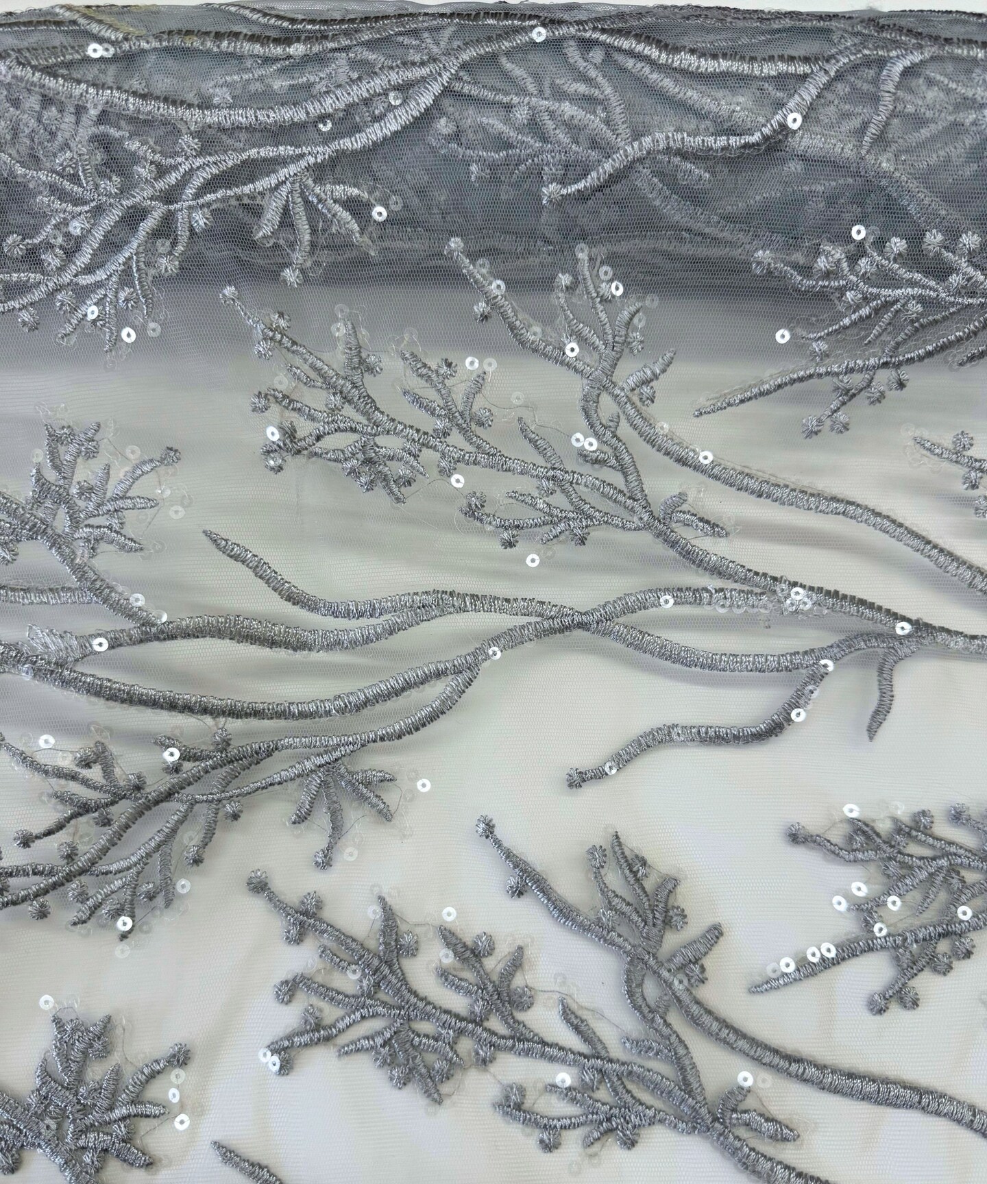 Silver Gray Sequin Embroidered Lace Fabric by the Yard, 54" Wide Floral Mesh Lace with Double Scalloped Edges