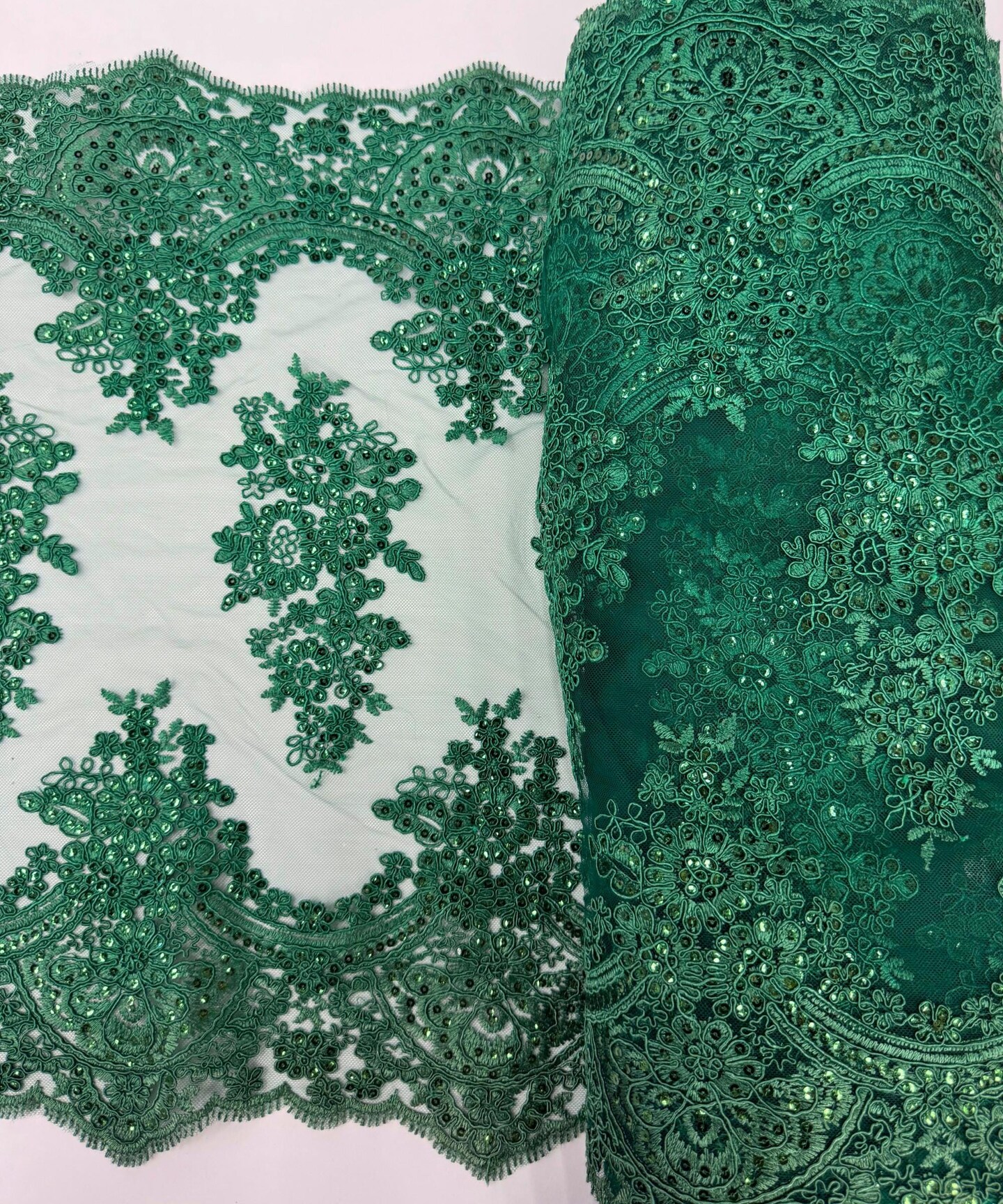 Hunter Green Embroidered Lace Table Runner by the Yard, 20" Wide Sequin Mesh Lace Trim with Scalloped Edges