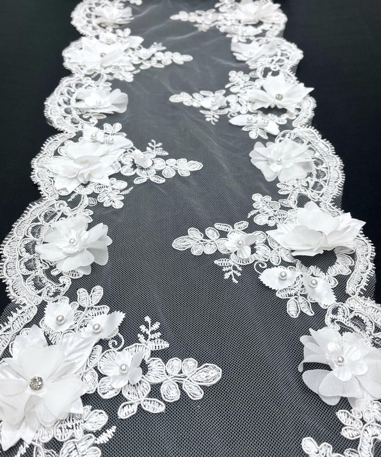 White 3D Wide Floral Sequin & Mesh with Pearls Lace Trim for Table Runner 22"