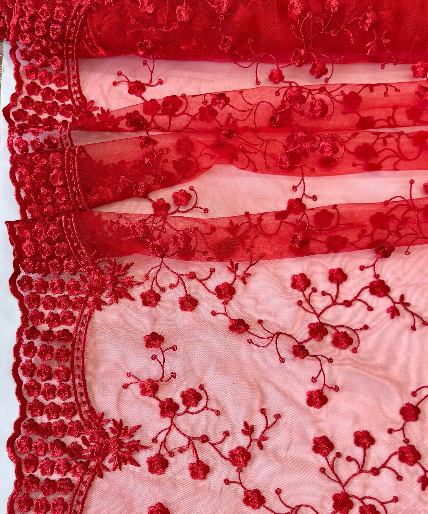 Red Sequin Embroidered Lace Fabric by the Yard, 54" Wide Floral Mesh Lace with Double Scalloped Edges