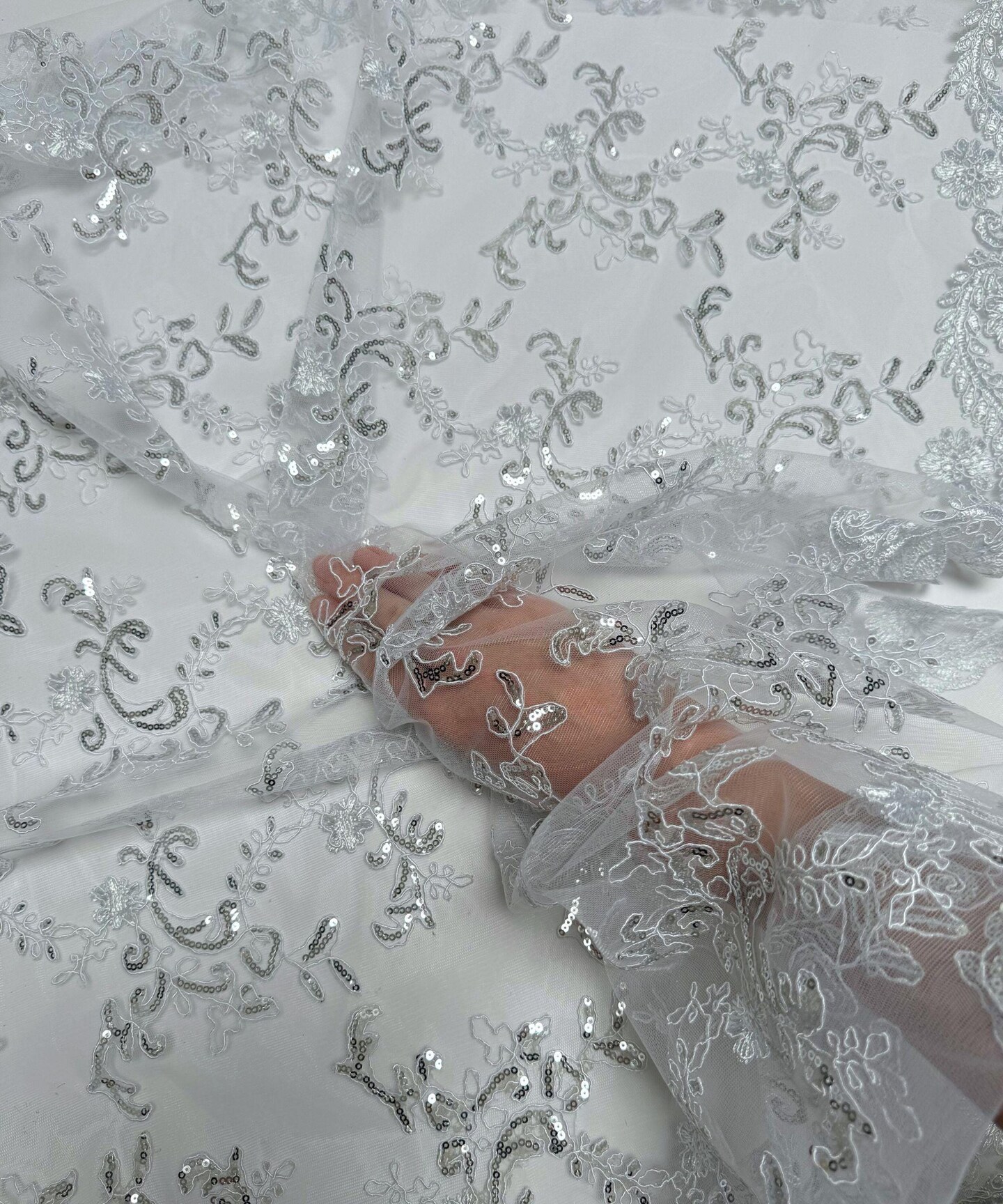 White Sequin Embroidered Lace Fabric by the Yard, 54" Wide Floral Mesh Lace with Double Scalloped Edges
