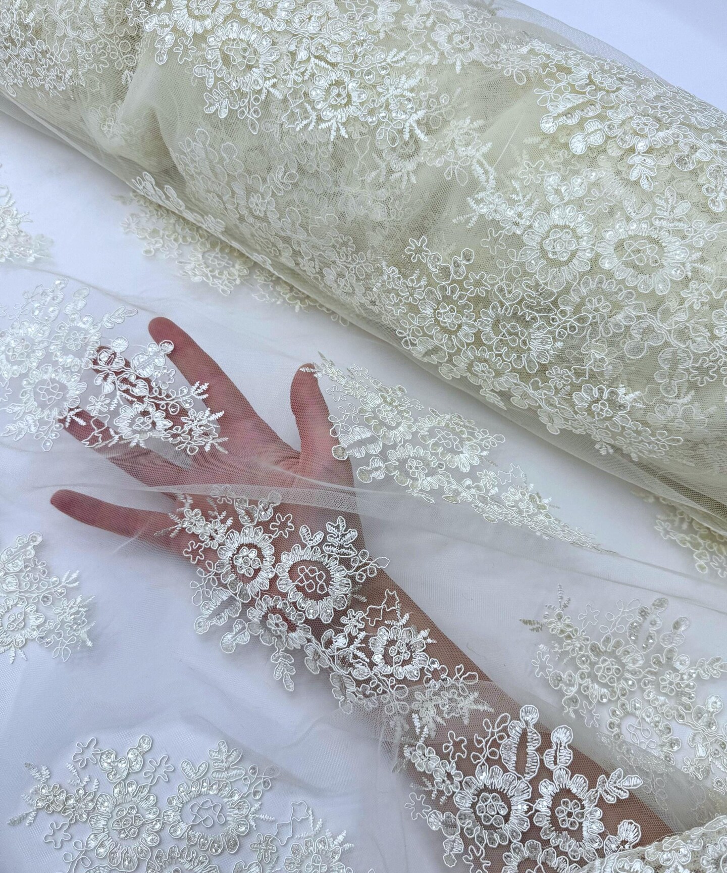 Ivory Sequin Embroidered Lace Fabric by the Yard, 54" Wide Floral Mesh Lace with Double Scalloped Edges