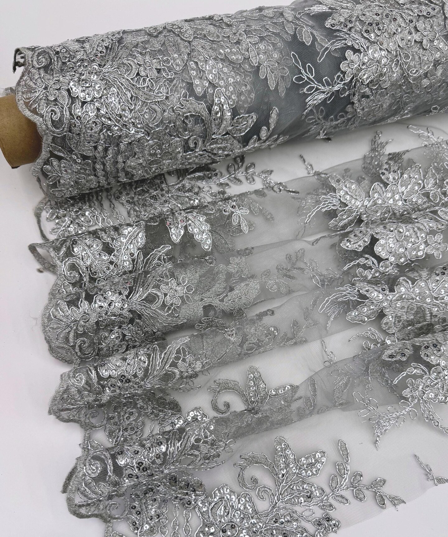 Silver Sequin Embroidered Lace Fabric by the Yard, 54" Wide Floral Mesh Lace with Double Scalloped Edges