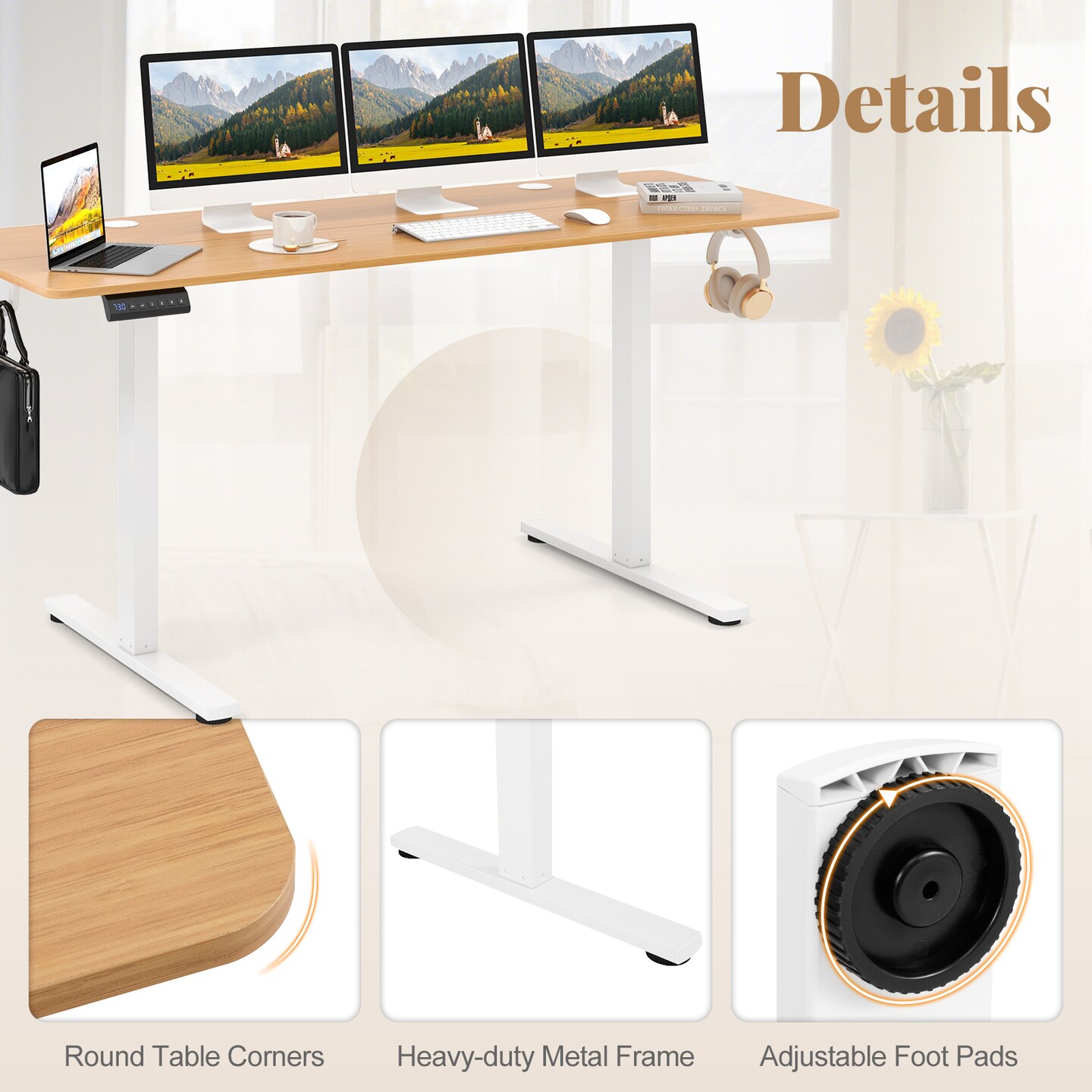 Natural Top White Frame Electric Standing Desk with Adjustable Height