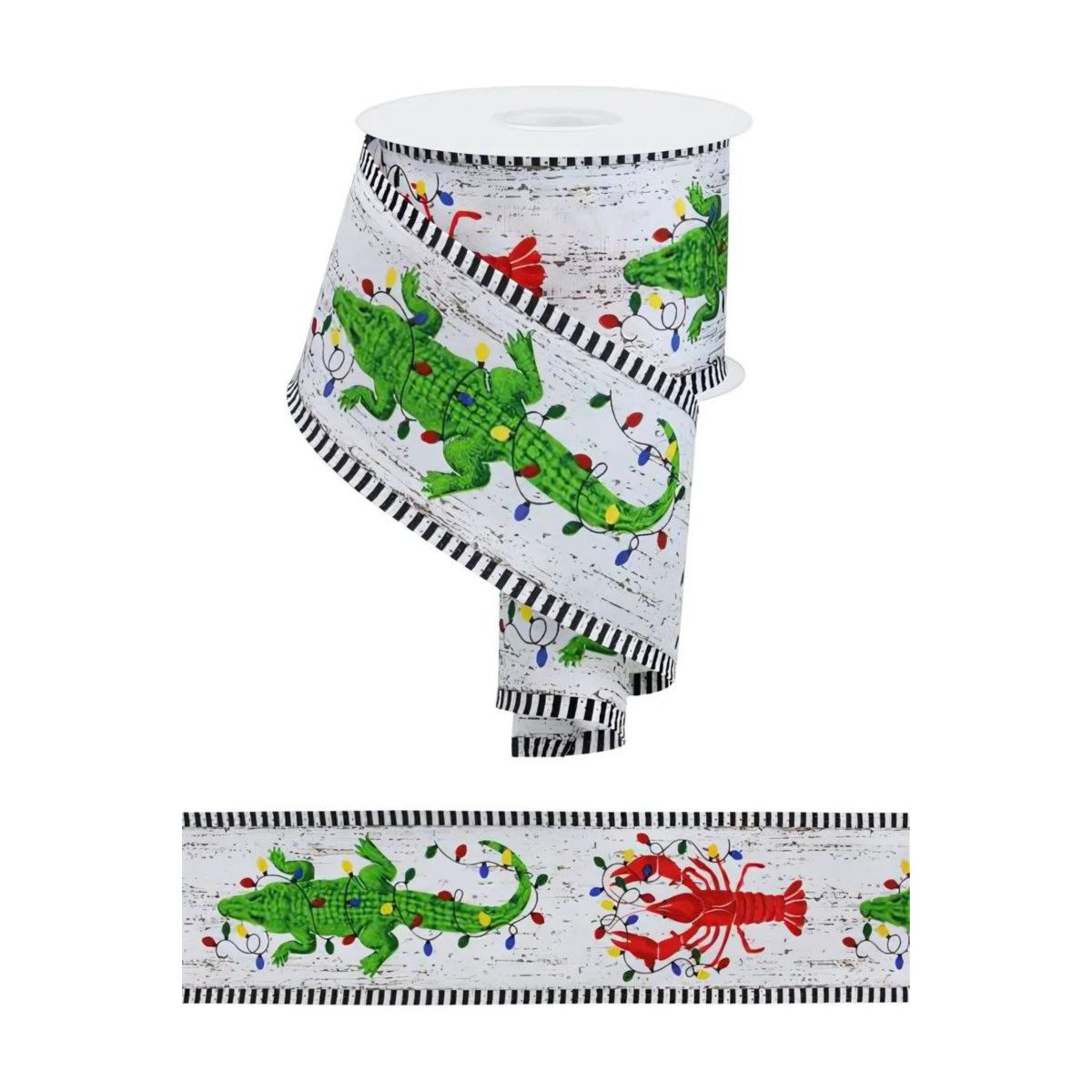 2.5&#x22; Crawfish Alligator Stripe Ribbon: White (10 Yards)