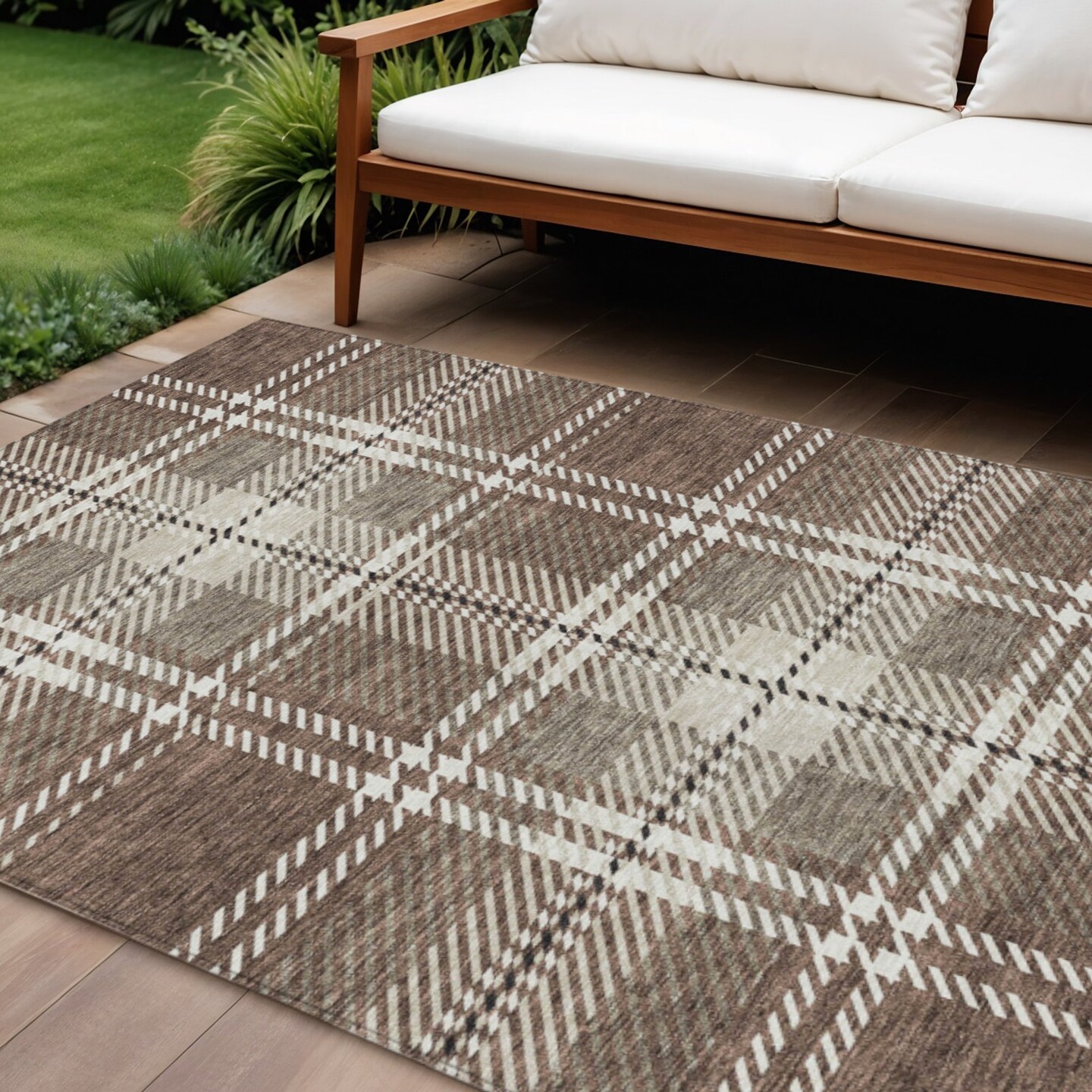 Edge Collections - 8' x 10' - Brown - Plaid Washable Area Rug for Indoor and Outdoor Use - 1 Piece
