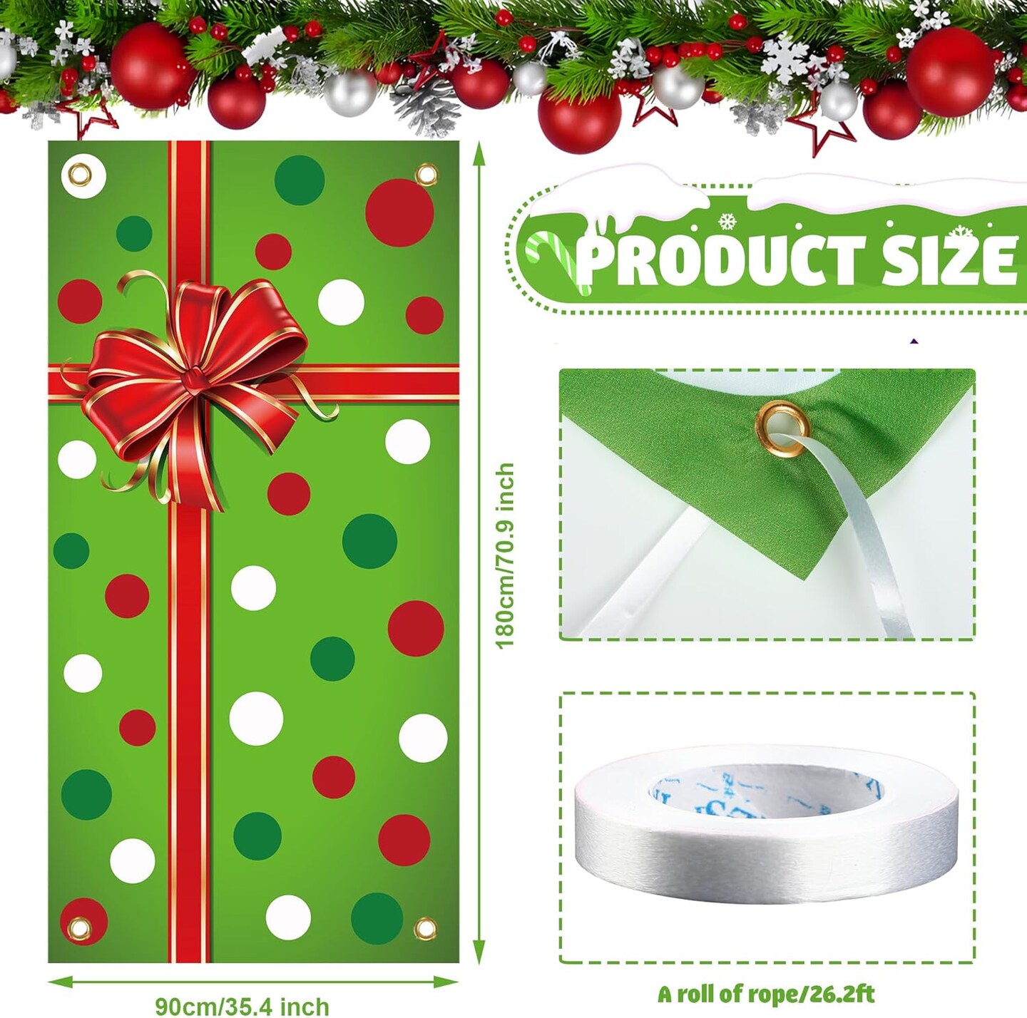 Christmas Door Cover Xmas Gift Box Door Hanging Banner Merry Christmas Front Doors Cover Backdrop Decorations for Holiday Indoor Outside Party Supplies, 70.9 x 35.4 Inch(Green Polka Dots)