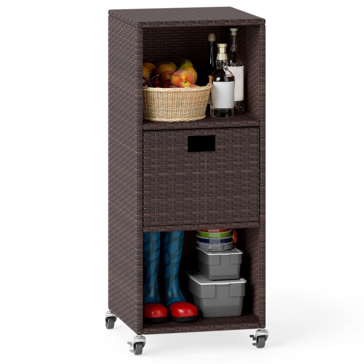 Outdoor Rattan Storage Cabinet with Wheels Mix Brown Wicker Patio Organizer with Drawer
