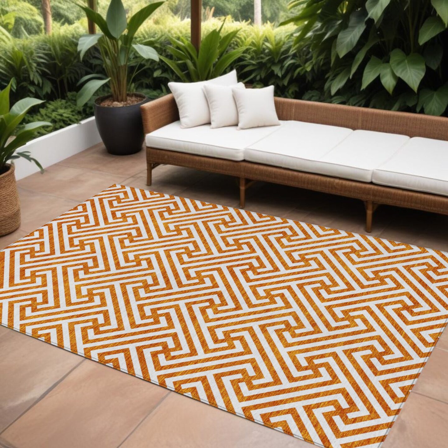 Edge Collections - 8' x 10' - Orange - Indoor Outdoor Geometric Durable Area Rug - 1 Piece