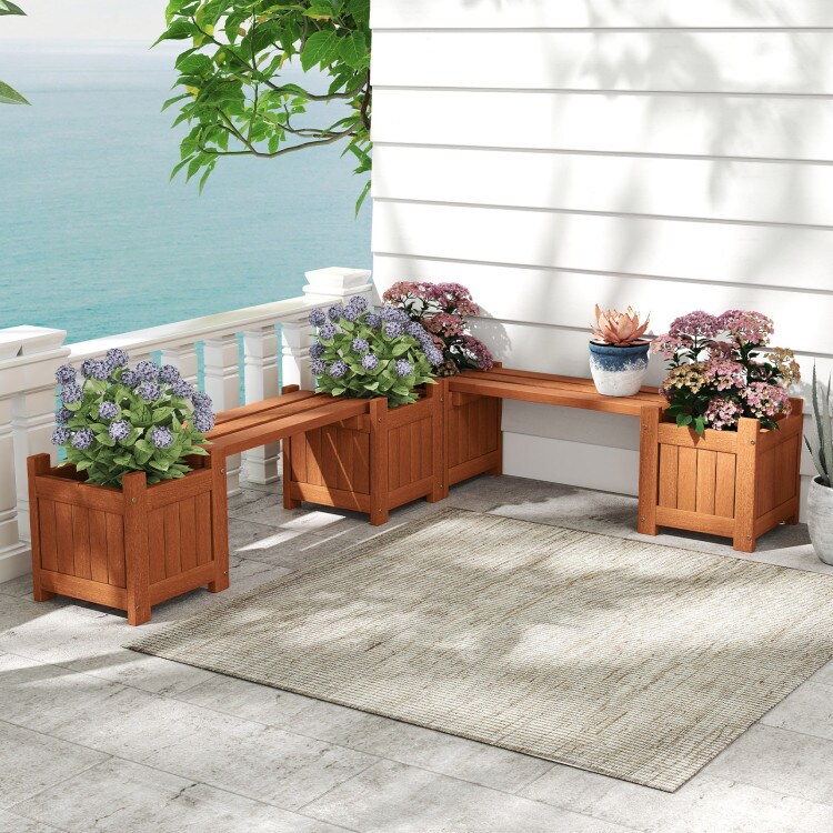 Set of 3 Solid Wood Planter Box with Bench Outdoor Raised Garden Bed for Flowers or Plants