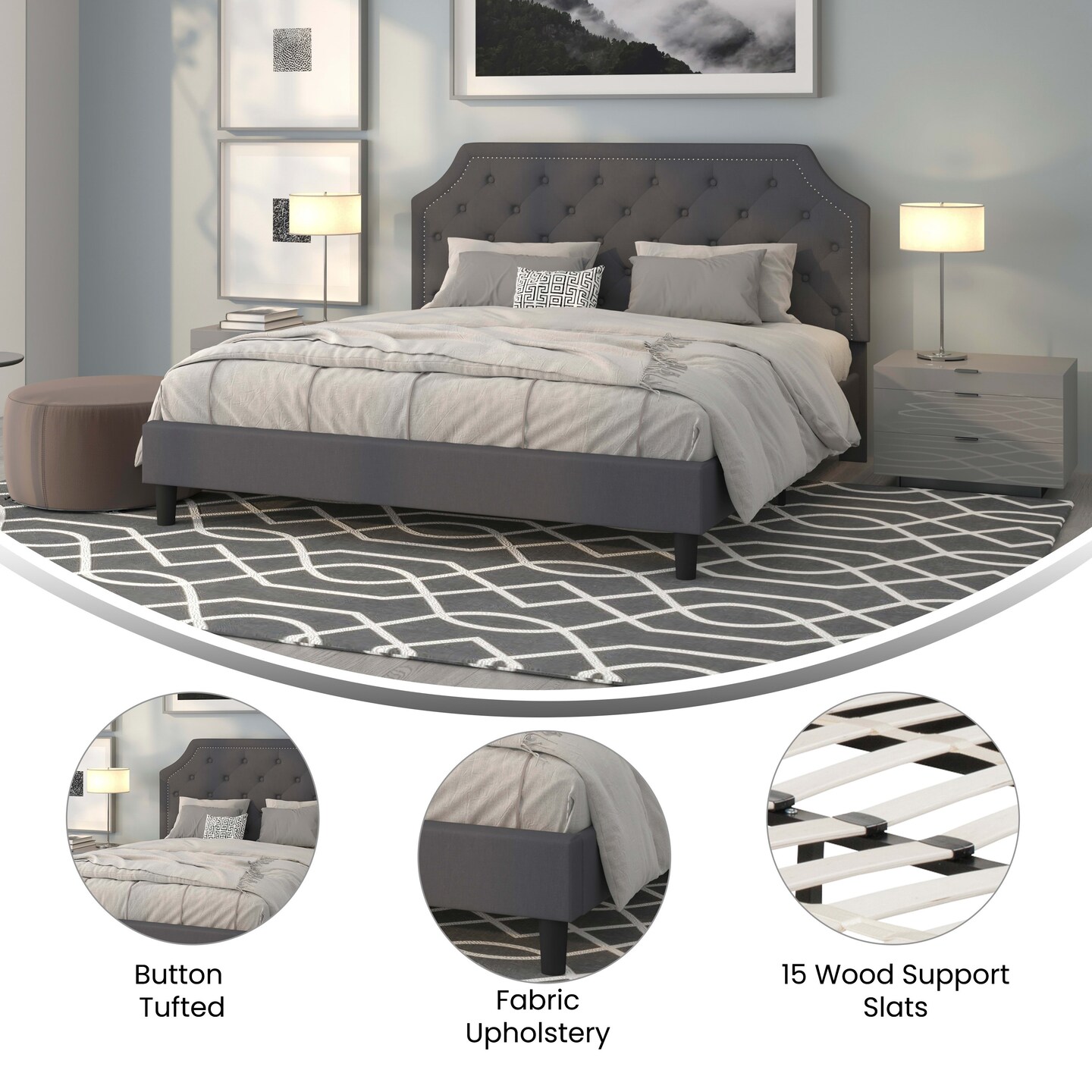 Merrick Lane Provence Platform Bed with Slatted Support Contemporary Tufted Upholstery with Accent Nail Trim