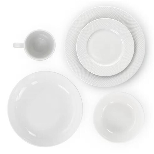 18-Piece White Porcelain Dinnerware Set for 4 with Plates Bowls Mugs Hatch Pattern