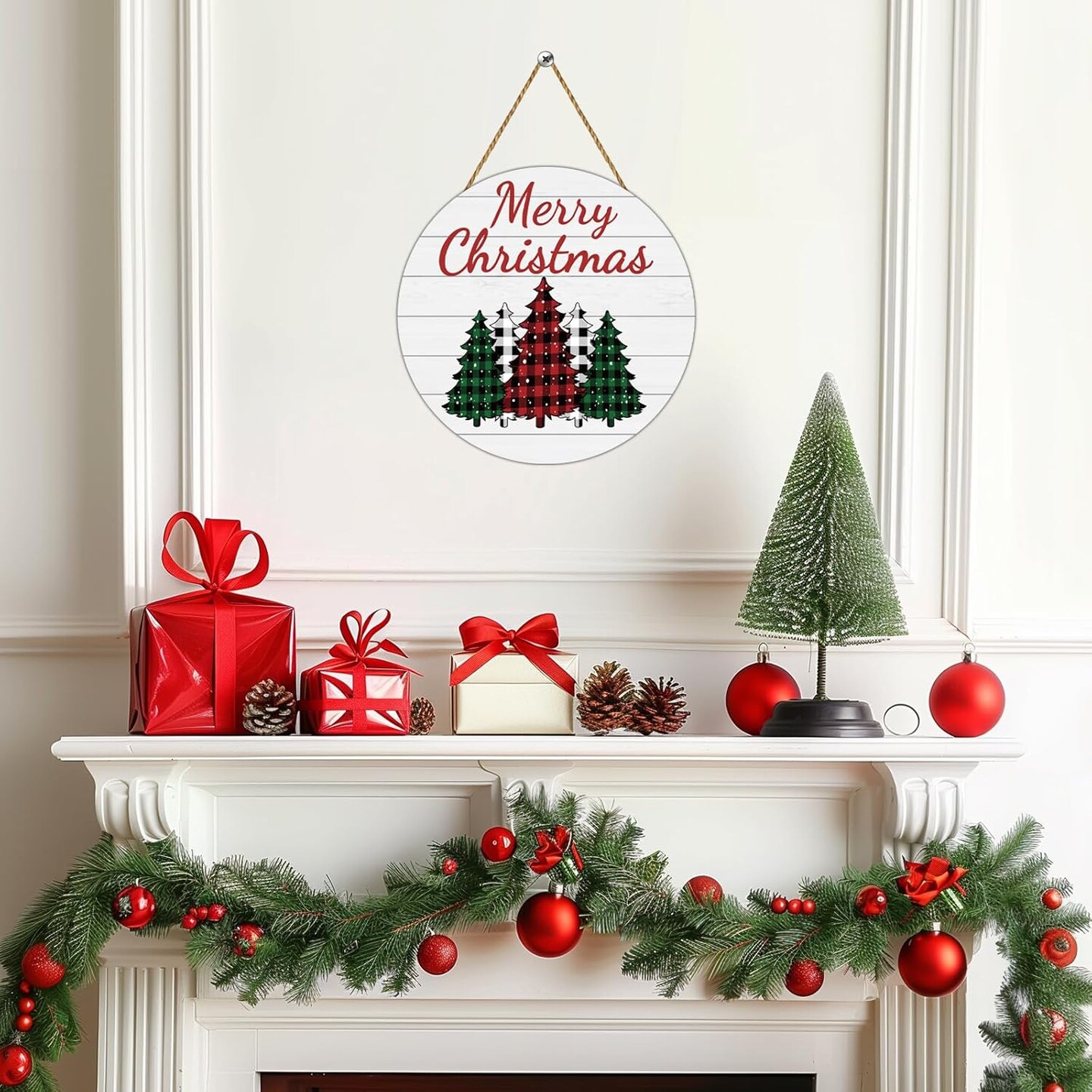 Christmas Decorations Indoor Door Decorations Merry Christmas Sign Buffalo Plaid Tree Wall Decor Wooden Front Door Hanger for Porch Wall Indoor Home Decor
