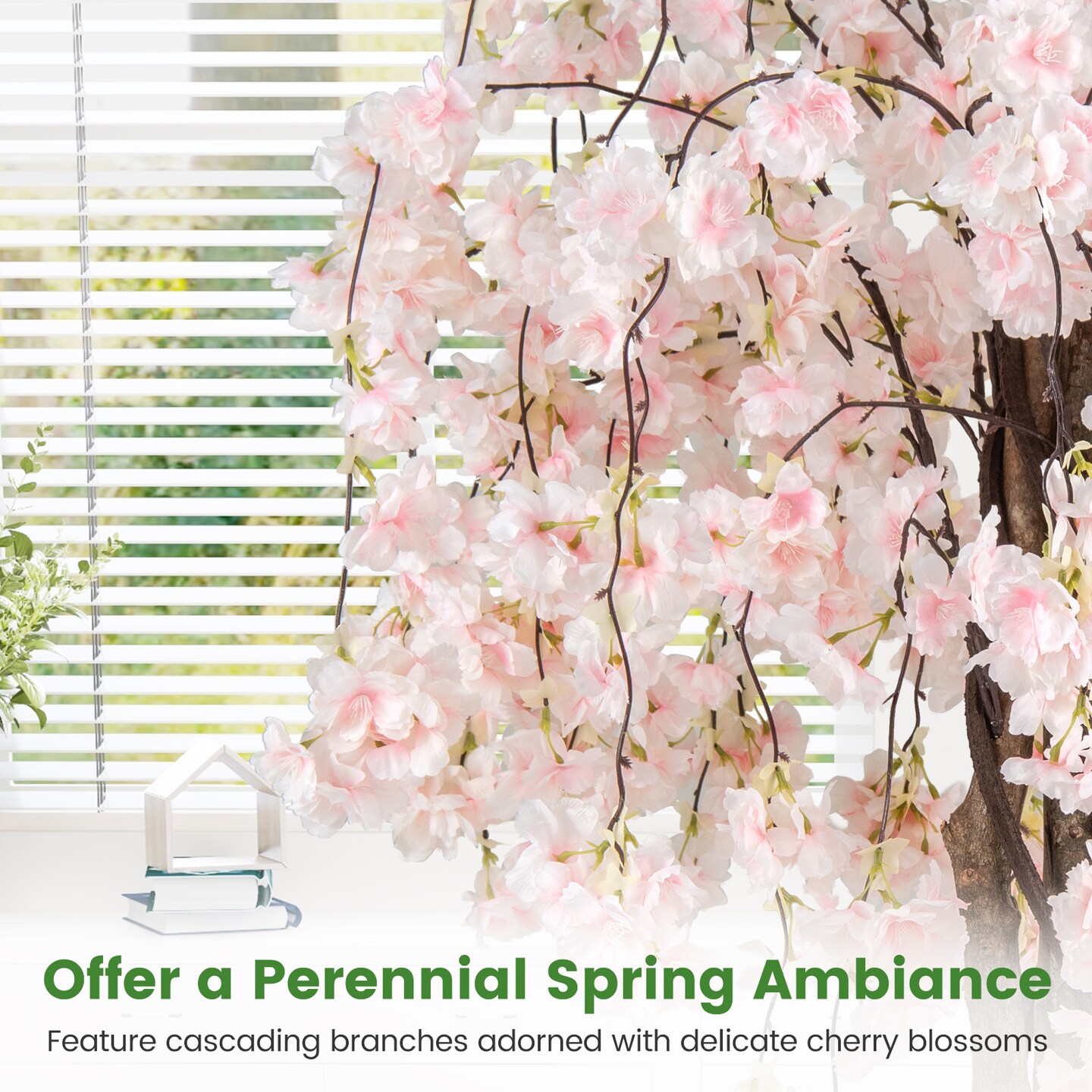White Polyester Cherry Blossom Tree 65 inches with Solid Wood Pot
