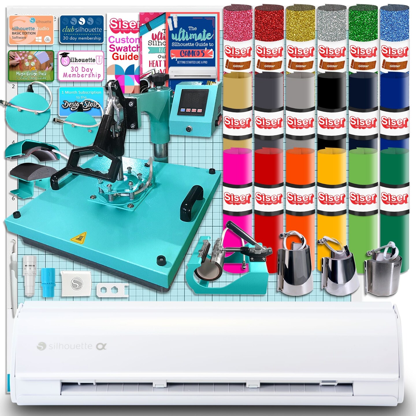 Silhouette White Cameo 5&#x3B1; Alpha w/ 8-in-1 Turquoise Heat Press &#x26; Siser HTV