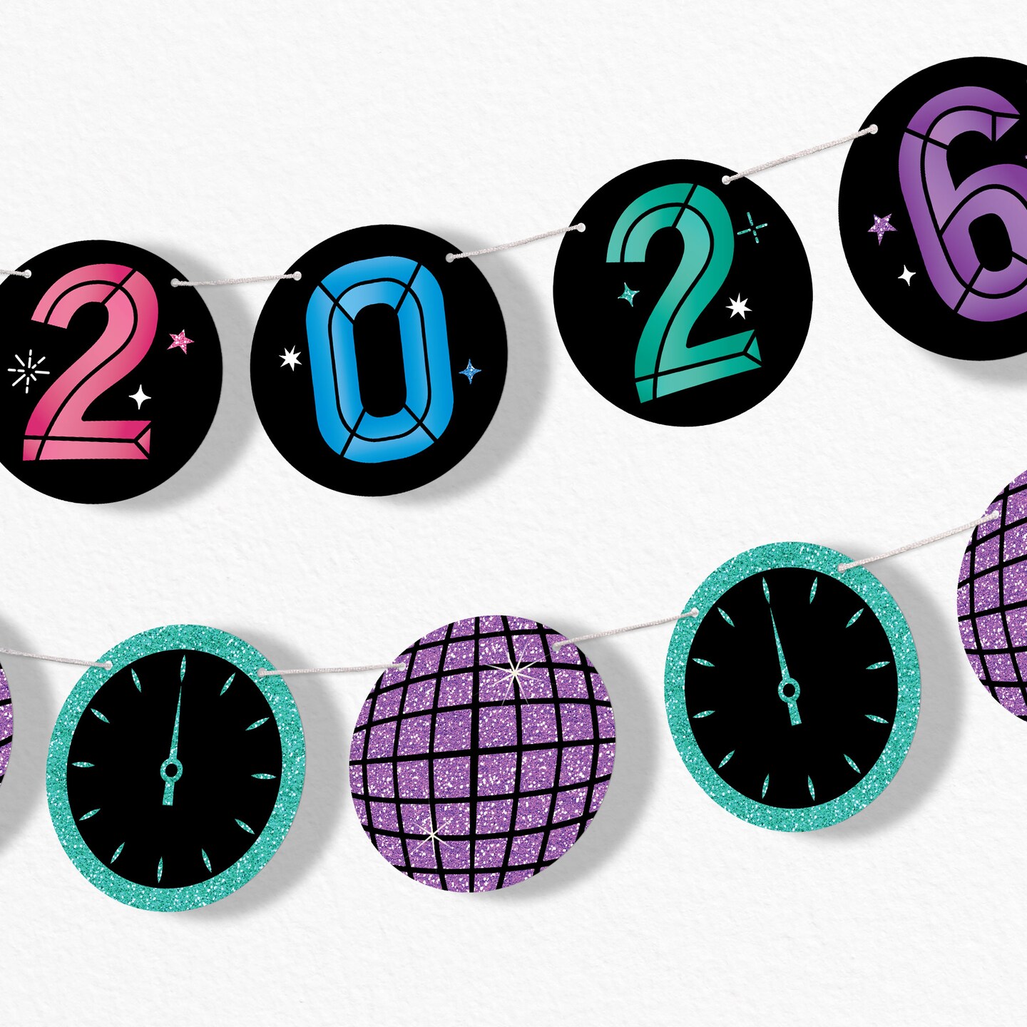 Big Dot of Happiness Colorful New Year Garland Banner, 2026 New Year&#x27;s Eve, 30 Ft of Cord, 15 Paper Disco Balls Midnight Clock Shapes Double-Sided