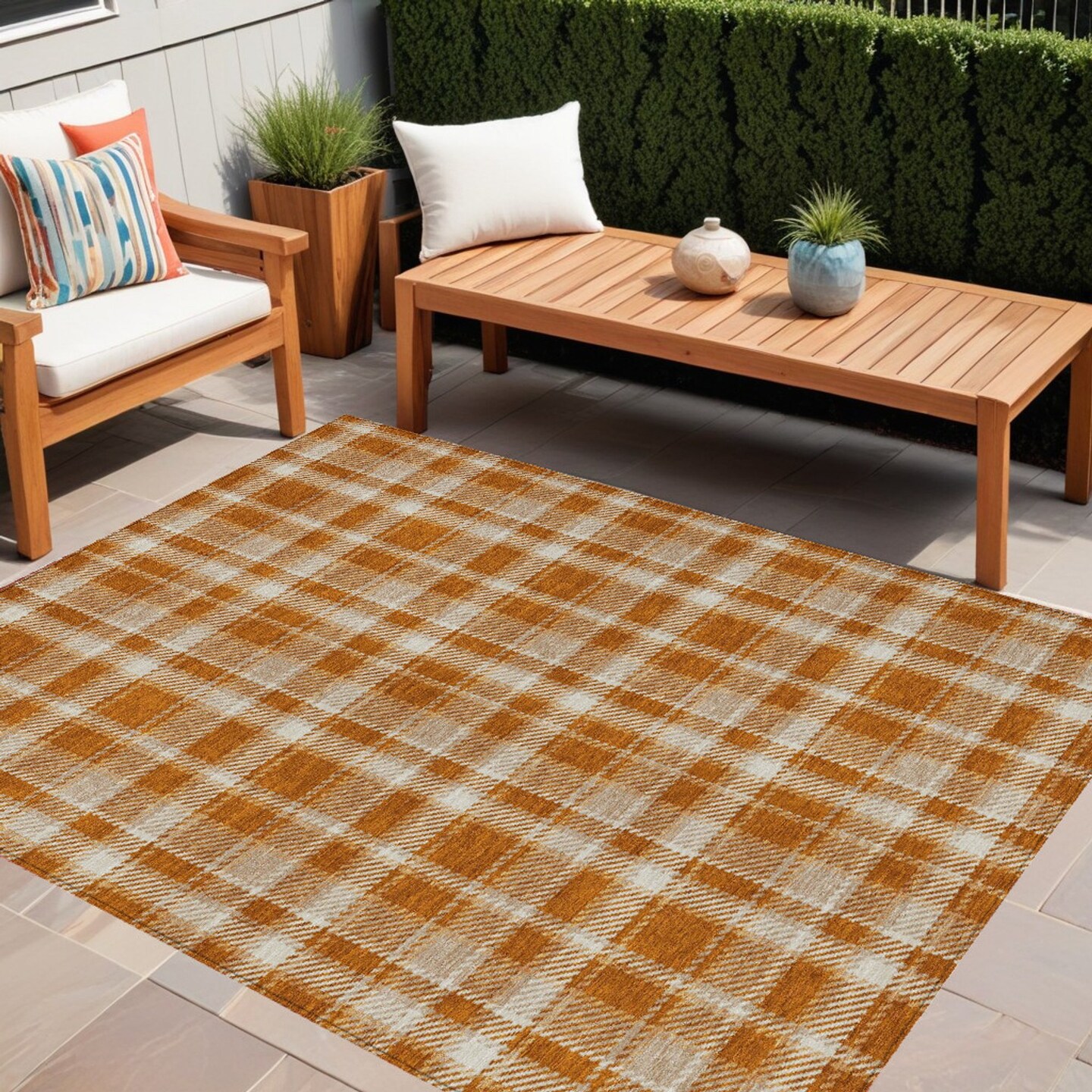 Edge Collections - 5' x 8' - Orange - Plaid Indoor Outdoor Area Rug for Kid-Friendly Spaces - 1 Piece