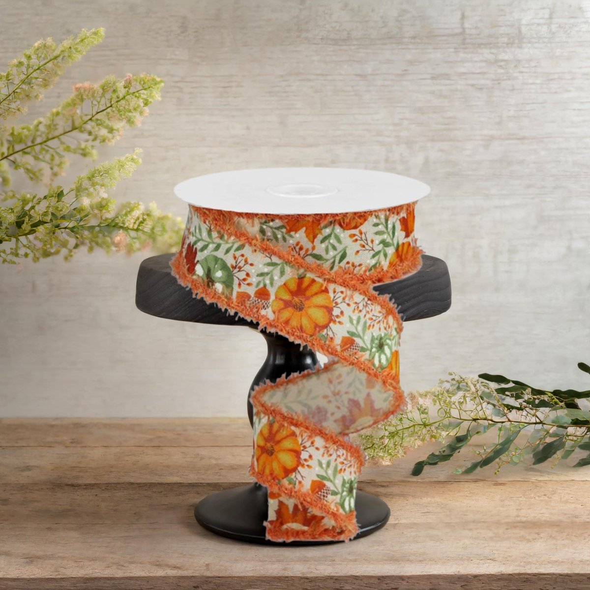 1.5&#x22; Pumpkin Foliage Drift Ribbon: Cream (10 Yards)