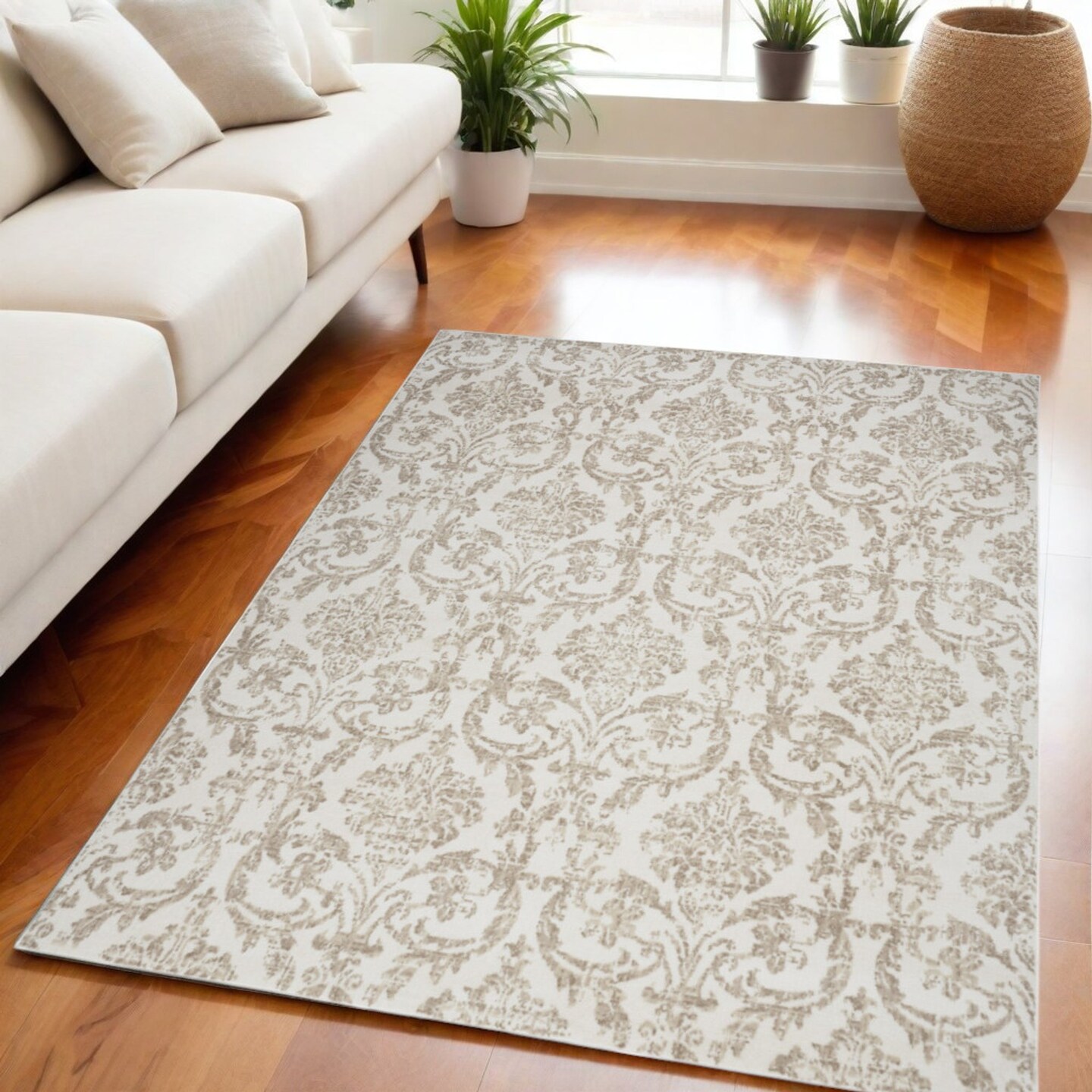 Edge Collections - 5&#x27; X 7&#x27; - Brown - Durable Non-Skid Area Rug with Damask Design - 1 Piece
