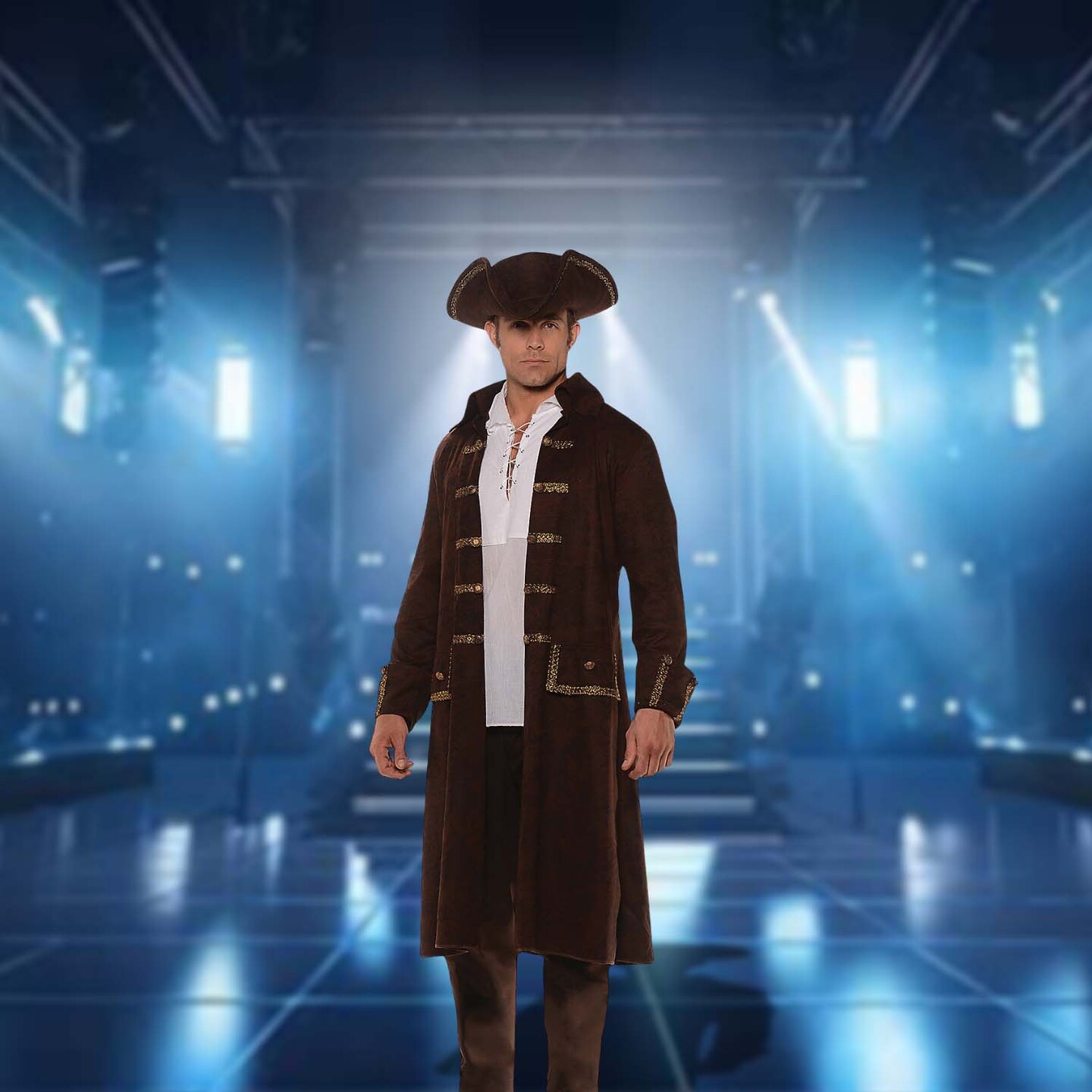 Pirate Coat Set Adult Brown Costume with Tricorn Hat for Halloween