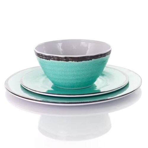 Turquoise Blue Melamine 12-Piece Plates Bowls Dinnerware Set Crackle Design