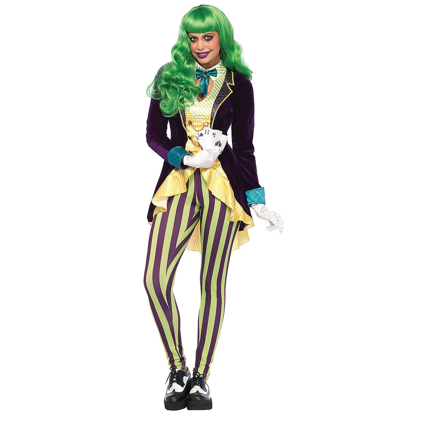 Womens Wicked Joker Costume Sequin Velvet Jacket With Bow Tie And Striped Leggings