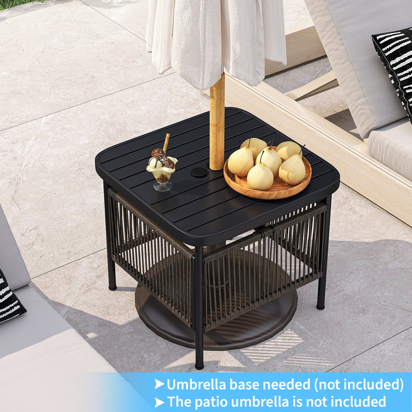 2 Tier Outdoor Side Table with Umbrella Hole Metal Patio End Table Black and Natural