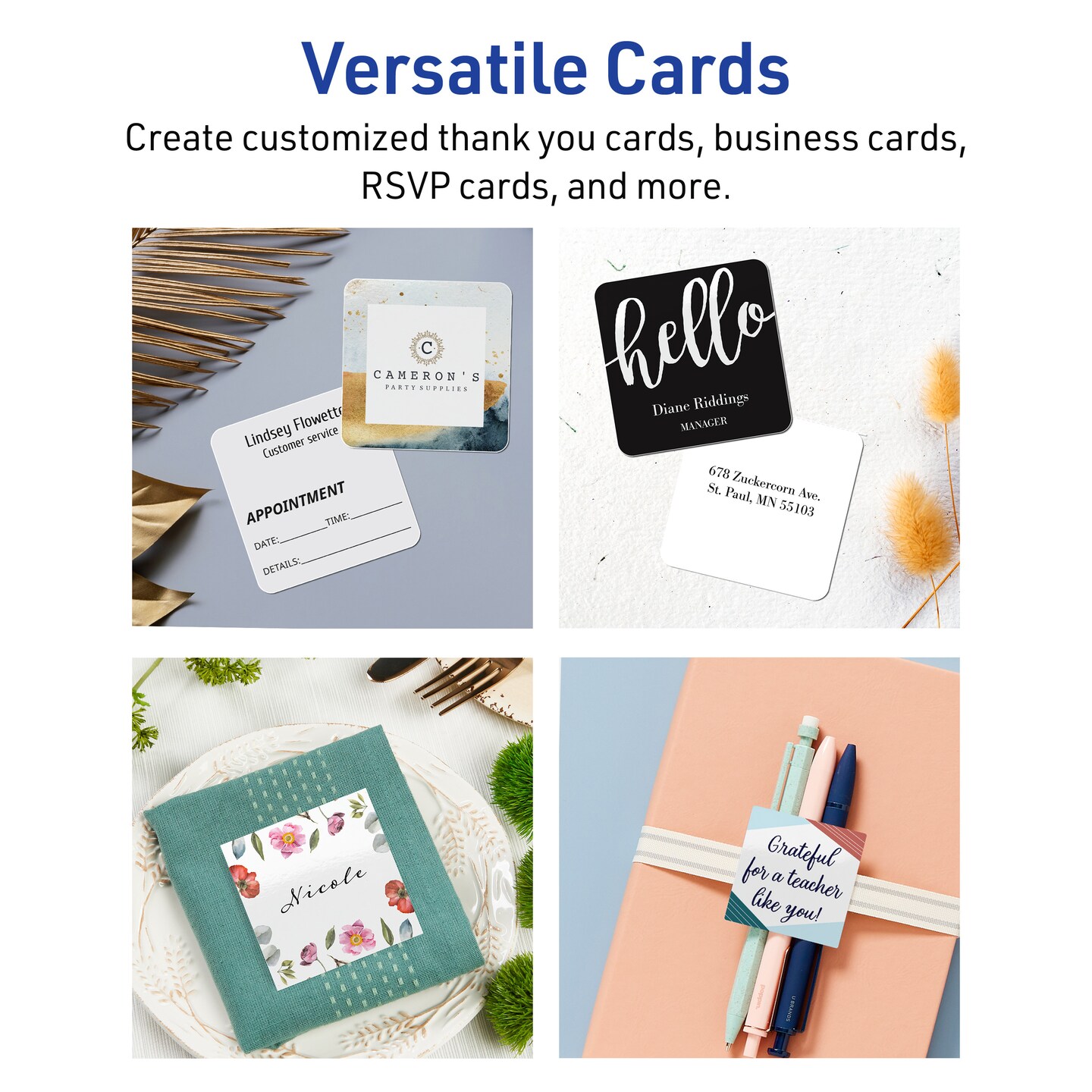 Avery Glossy White Square Cards, 3" x 3" Square Rounded Corners