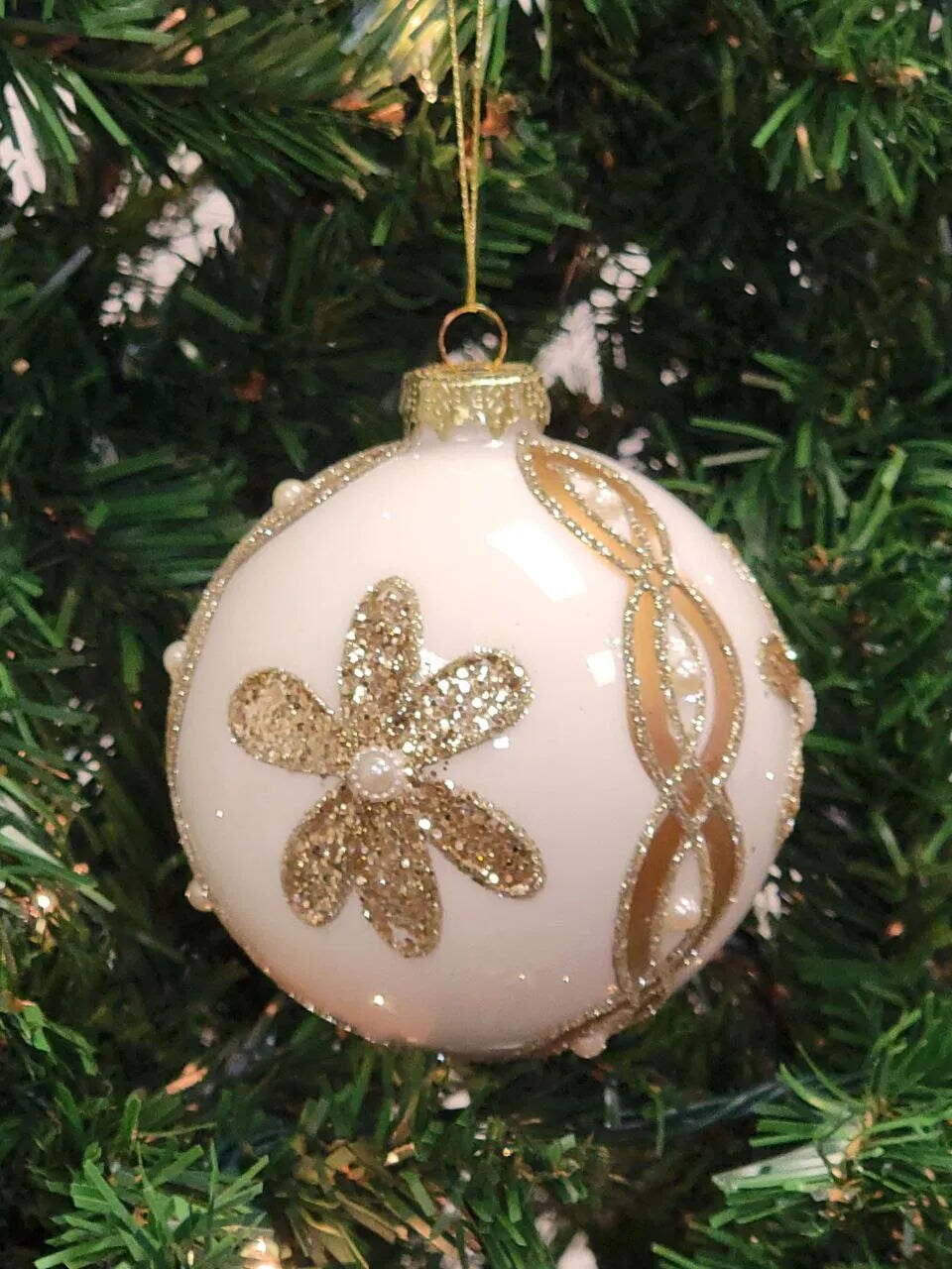 White Ball with Gold Flower Glass Christmas Ornament