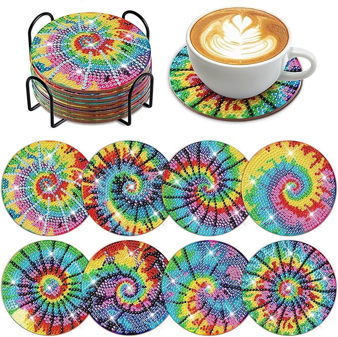 8 PCS Tie-Dye Diamond Art Coasters Kits with Holder DIY Tie-Dye Diamond Art Coaster Non Slip Coaster for Adults Diamond Art Kits Supplies for Present