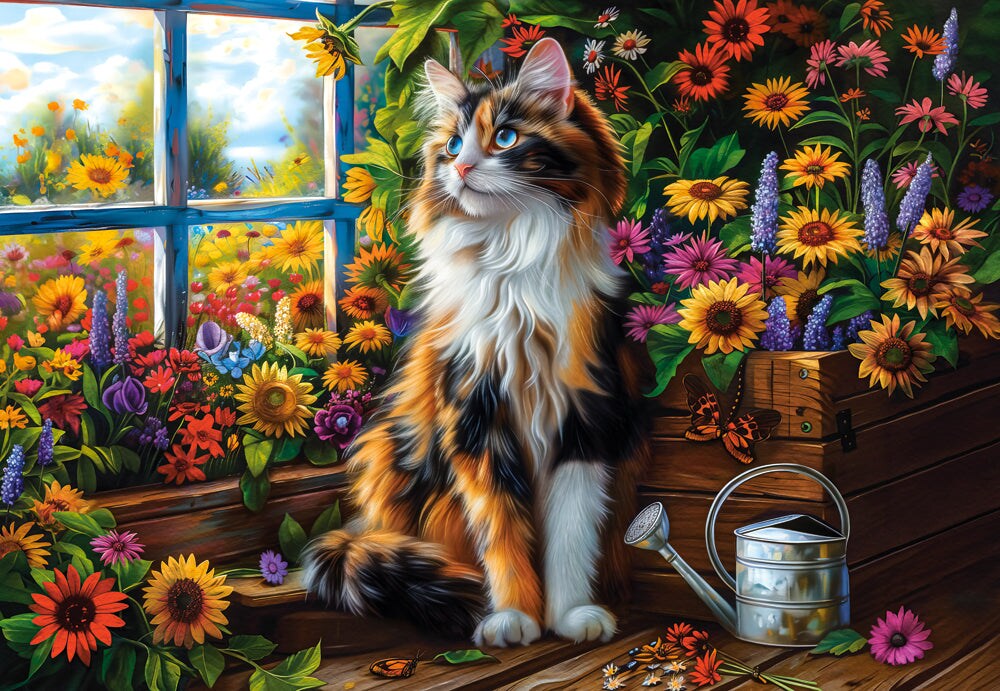 1000 Piece Jigsaw Puzzle, Blooming Cat Meditation, Cat puzzle, Flower scenery, Charming view, Adult Puzzle, Castorland C-105342-2