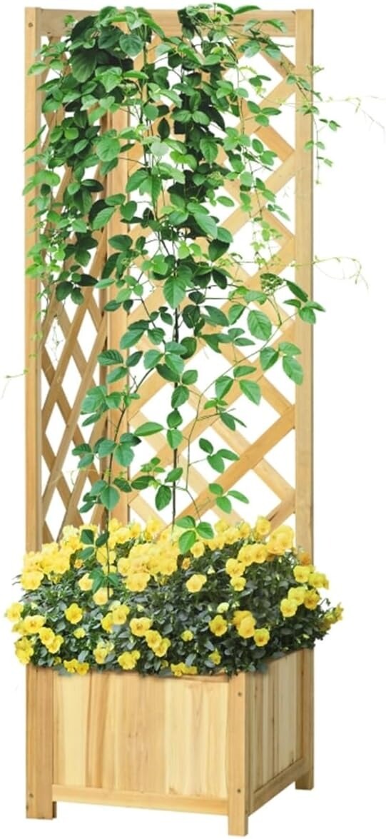 57" Carbonized Wooden Raised Garden Corner Planter Bed with Trellis