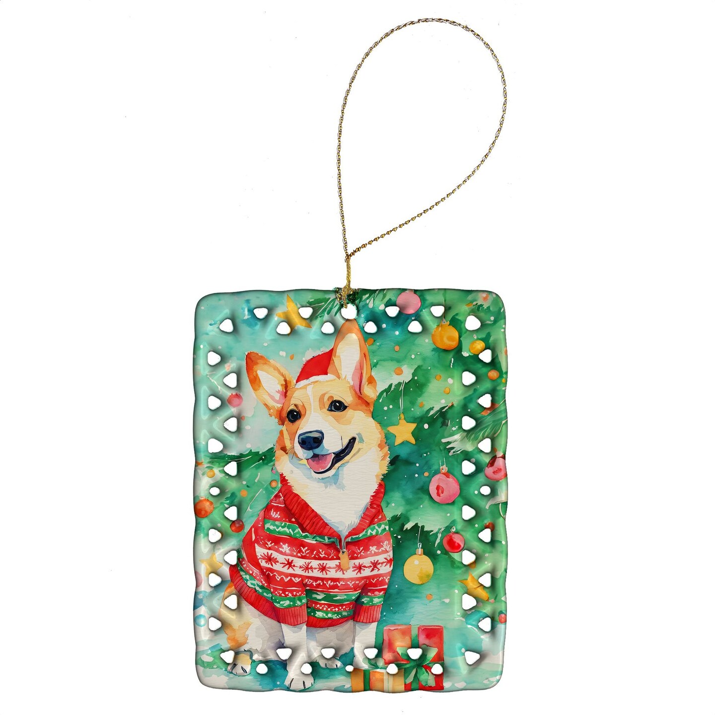 Edge Collections - 2.80" X 0.15" - Multicolor - Corgi Holiday Porcelain Ornament - 1 Piece