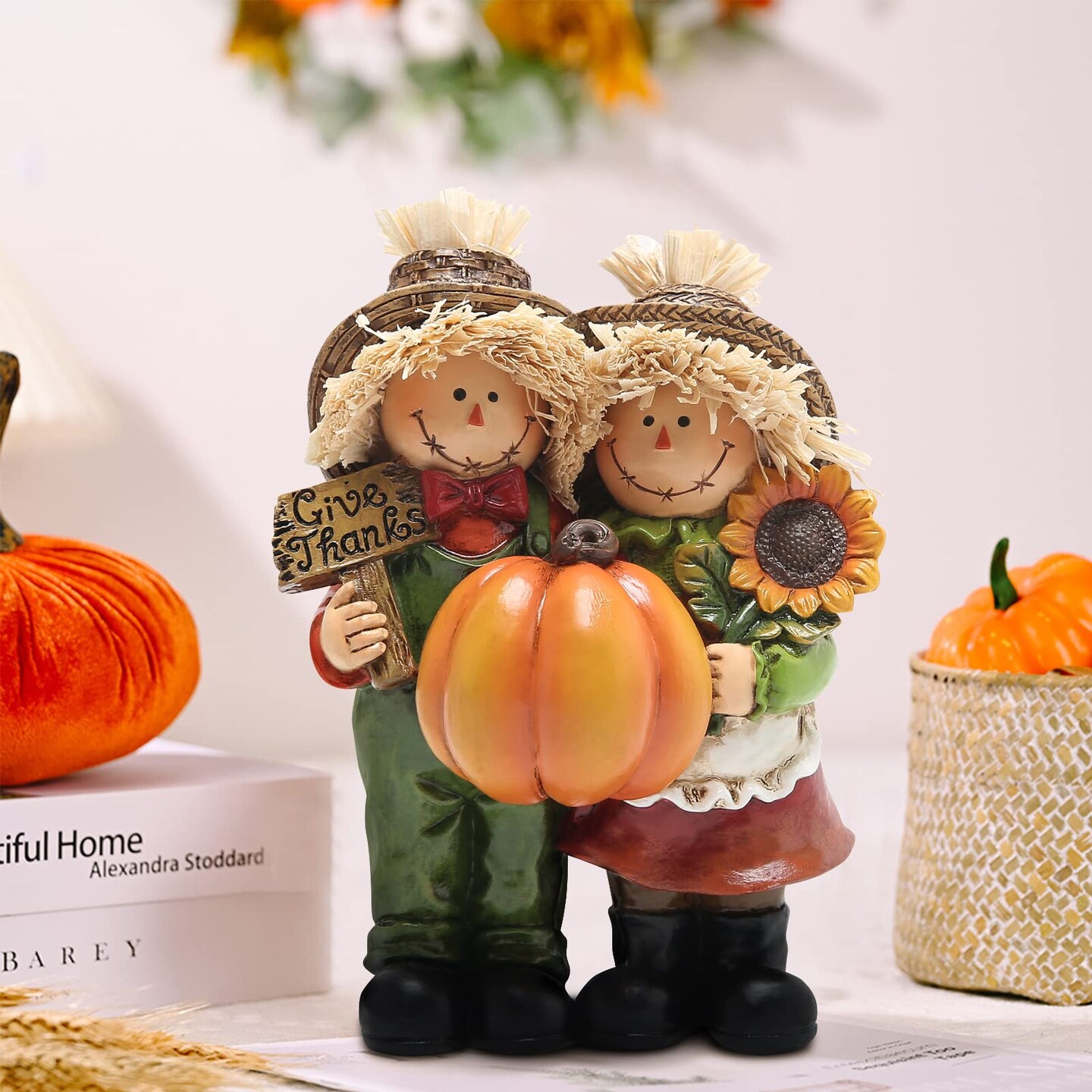 Fall Thanksgiving Scarecrow Couple Table Decorations Indoor, Resin Thanksgiving Scarecrow Figurines-Fall Thanksgiving Gifts-Fall Decorations for Home