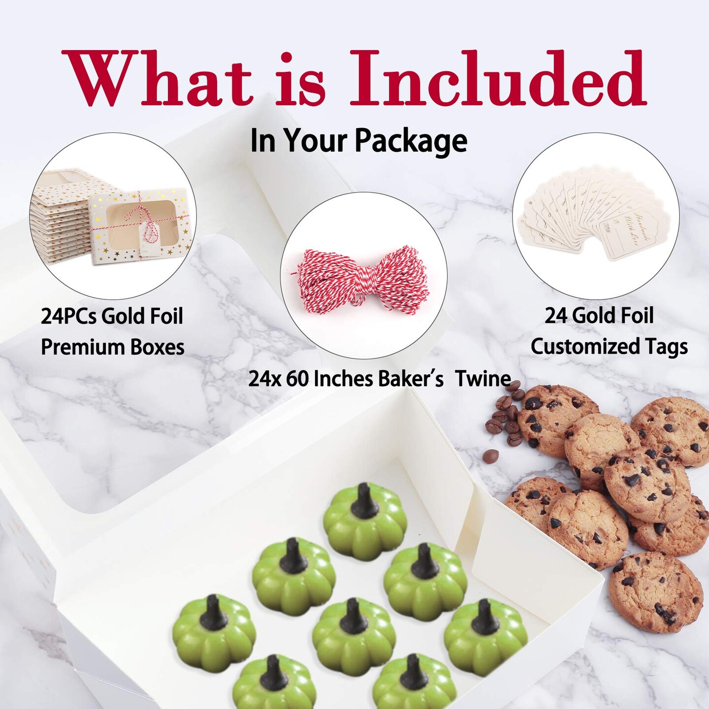 24 PCS Christmas Cookie Boxes for Gift Giving, 9x6x3 Golden Star Christmas Treat Boxes with Window, Auto-Up Holiday Cookie Boxes,Baking Goods Packaging Box for Desserts, Mini Cake, Donuts