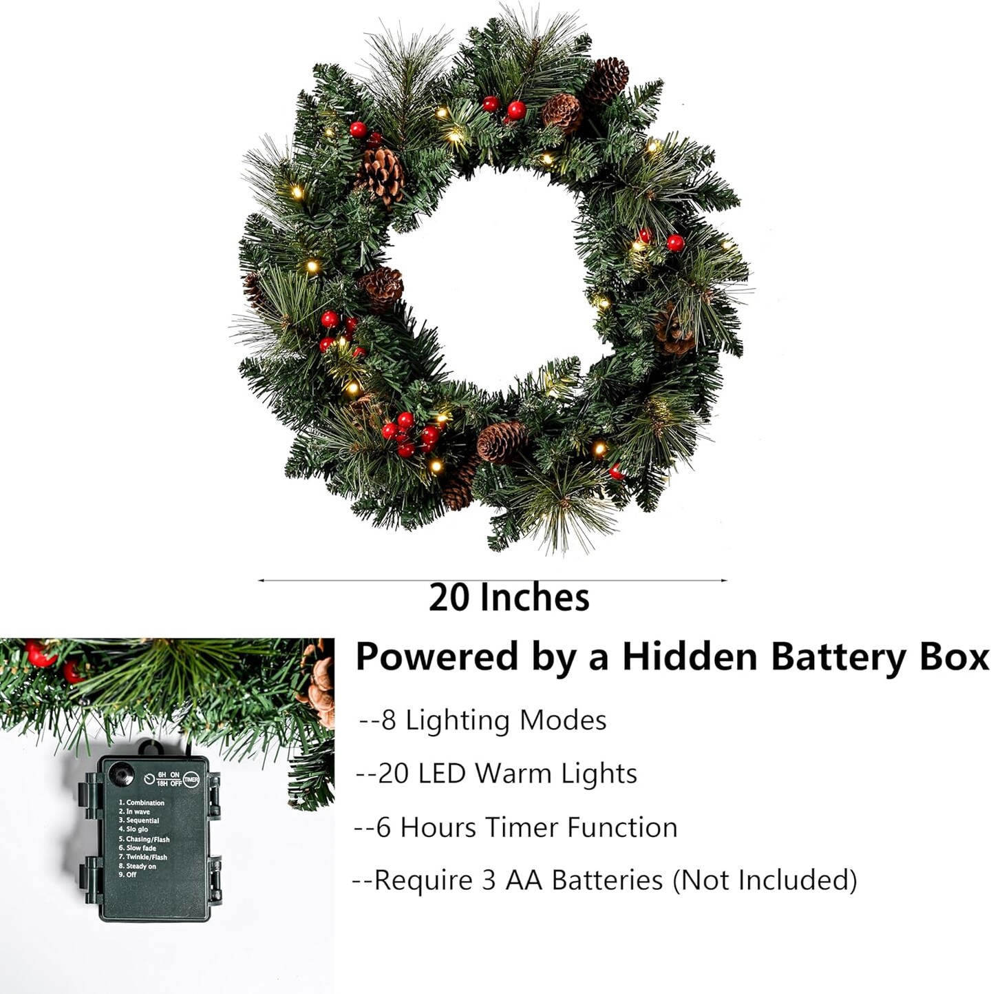 20Inch Pre-Lit Light up Christmas Wreath Green (Leaves&#x26;red Berries) 15.76&#x22;D x 15.76&#x22;W x 3.94&#x22;H