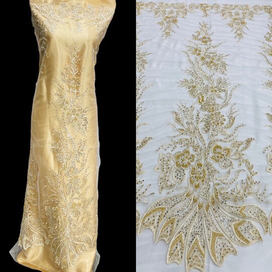 1 Yard Elegant Beaded and Sequined Lace Fabric Embroidered on Polyester Net Mesh