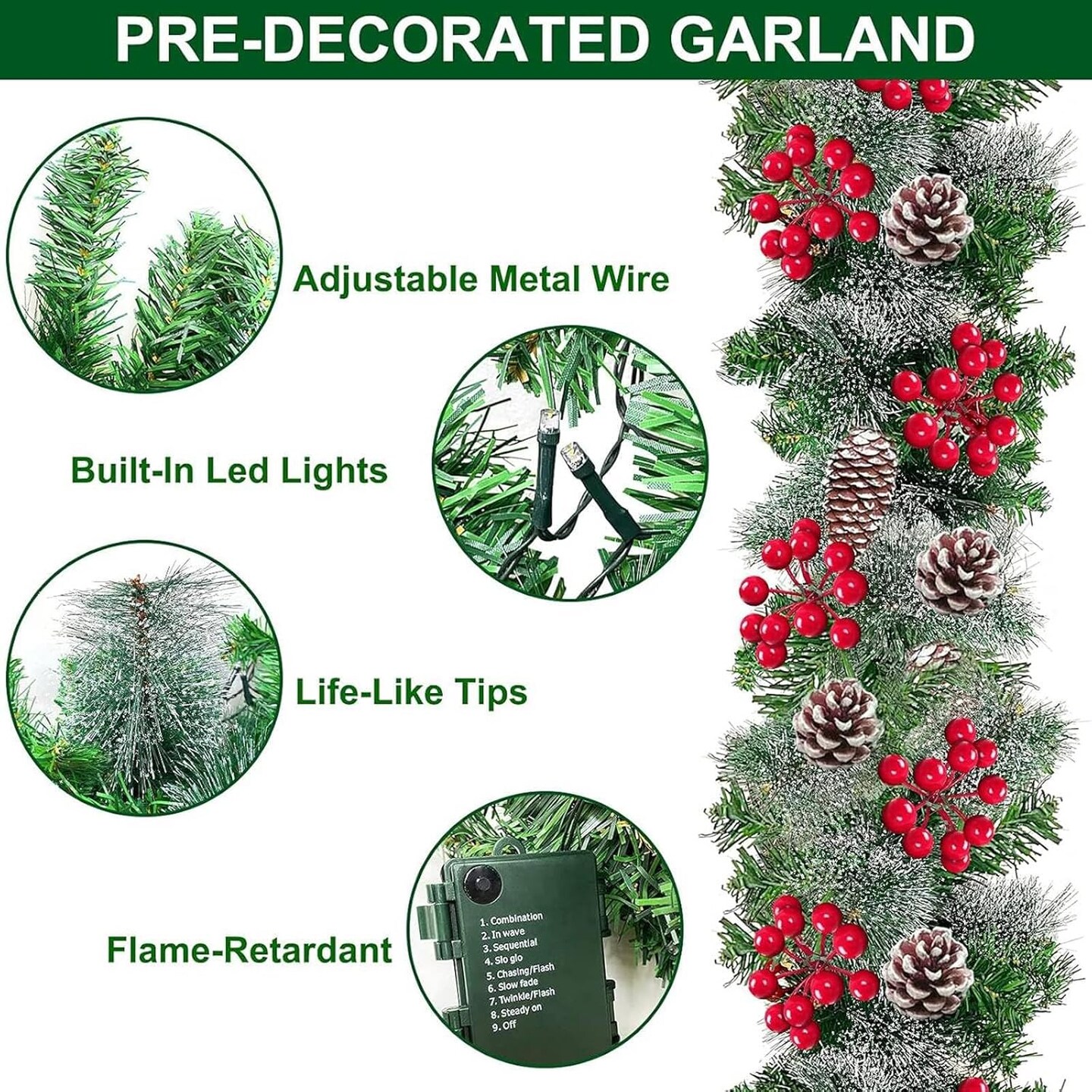 9 Ft Prelit Artificial Christmas Garland Decor Timer 50 Lights 8 Modes