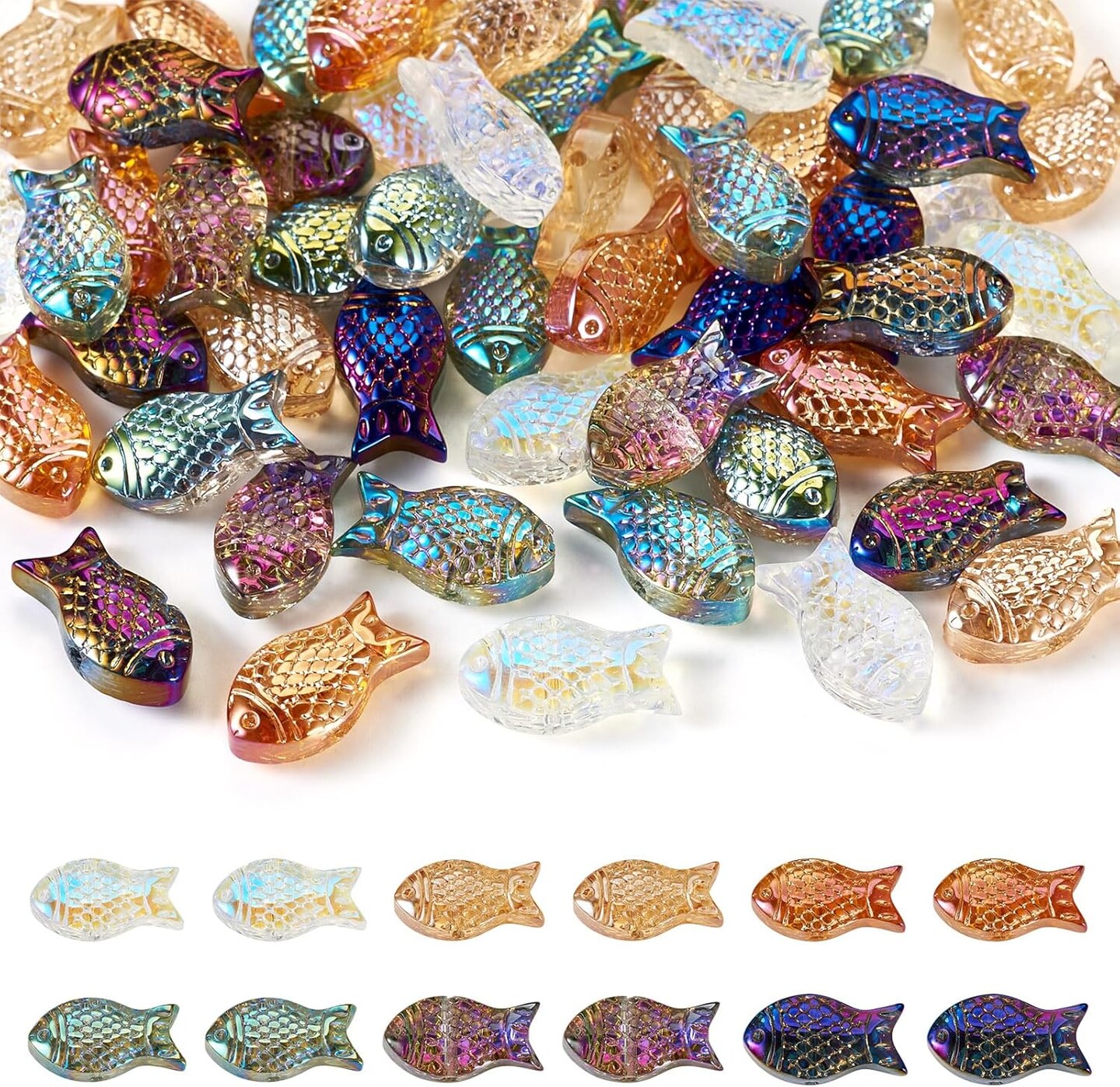 60Pcs Glass Fish Beads 6 Colors Clear Ocean Sea Glass (6 Colors, Fish)