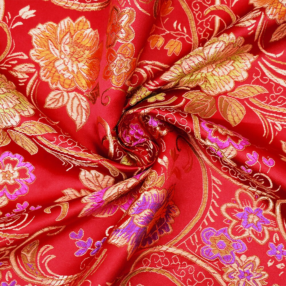 Red-Beige-Multi Polyester Floral Chinese Brocade Woven Fabric By the Yard