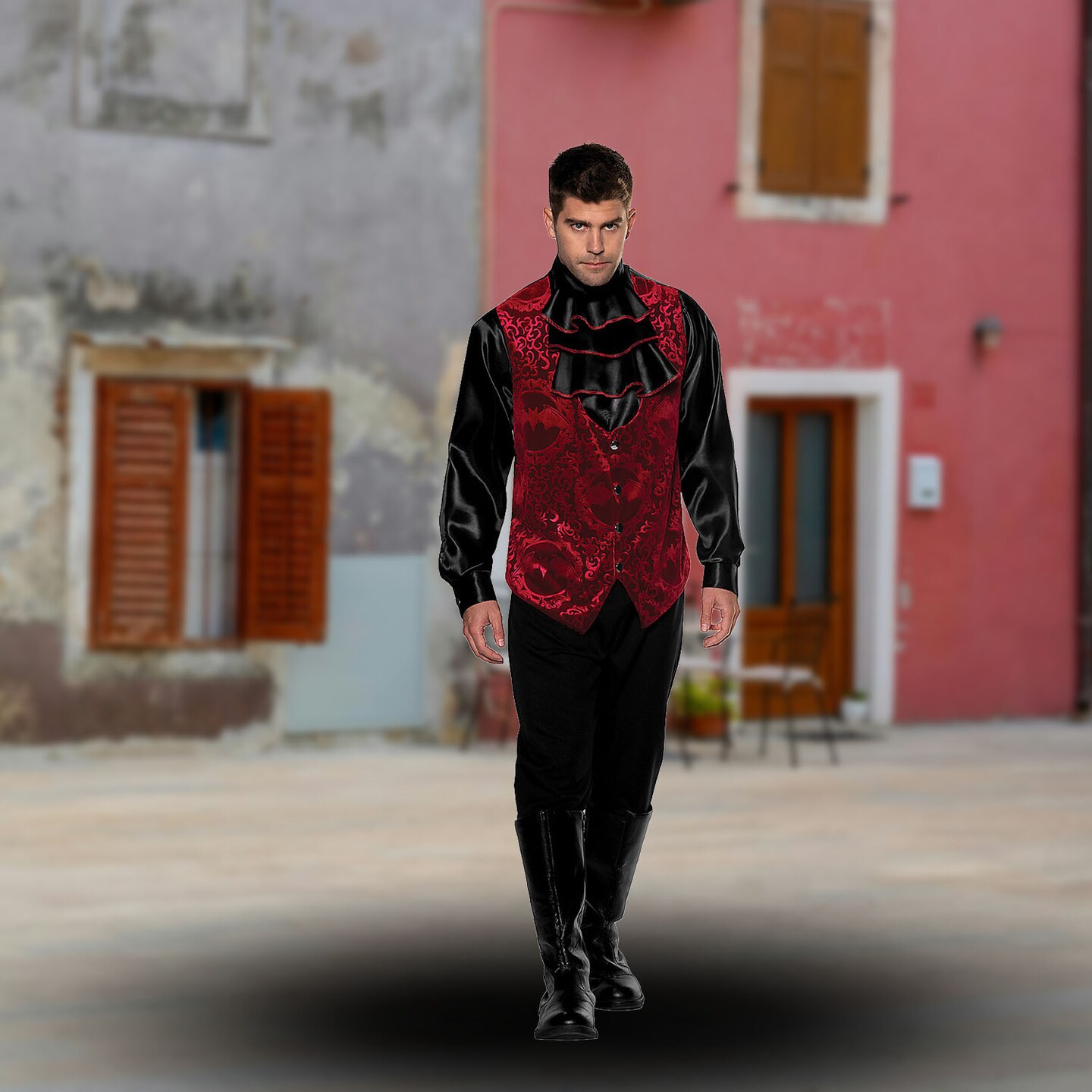 Vampire Count Costume with Red Velvet Vest and Satin Sleeves