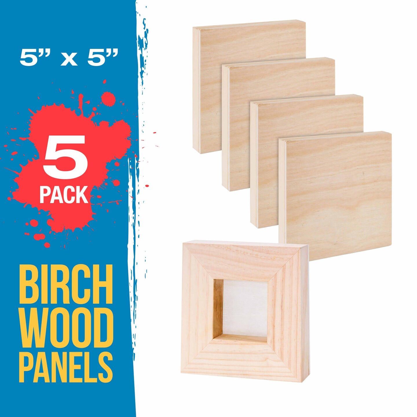 Unfinished Cradled Wood Panels for Painting, 5 Pack of 5x5 inch - Studio Birch Wooden Canvas Boards 3/4&#x22; Deep - Mixed-Media Craft, Acrylic, Oil, Encaustic, Paint Pouring Panel Board