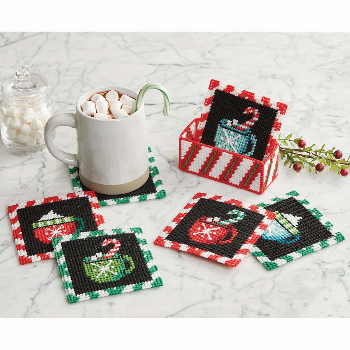 Herrschners  Peppermint Cocoa Coasters with Holder Plastic Canvas Kit