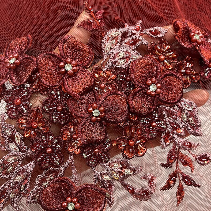 1 Yard 3D Beaded Floral Lace Fabric with Rhinestones – Embroidered Mesh with Scalloped Edges