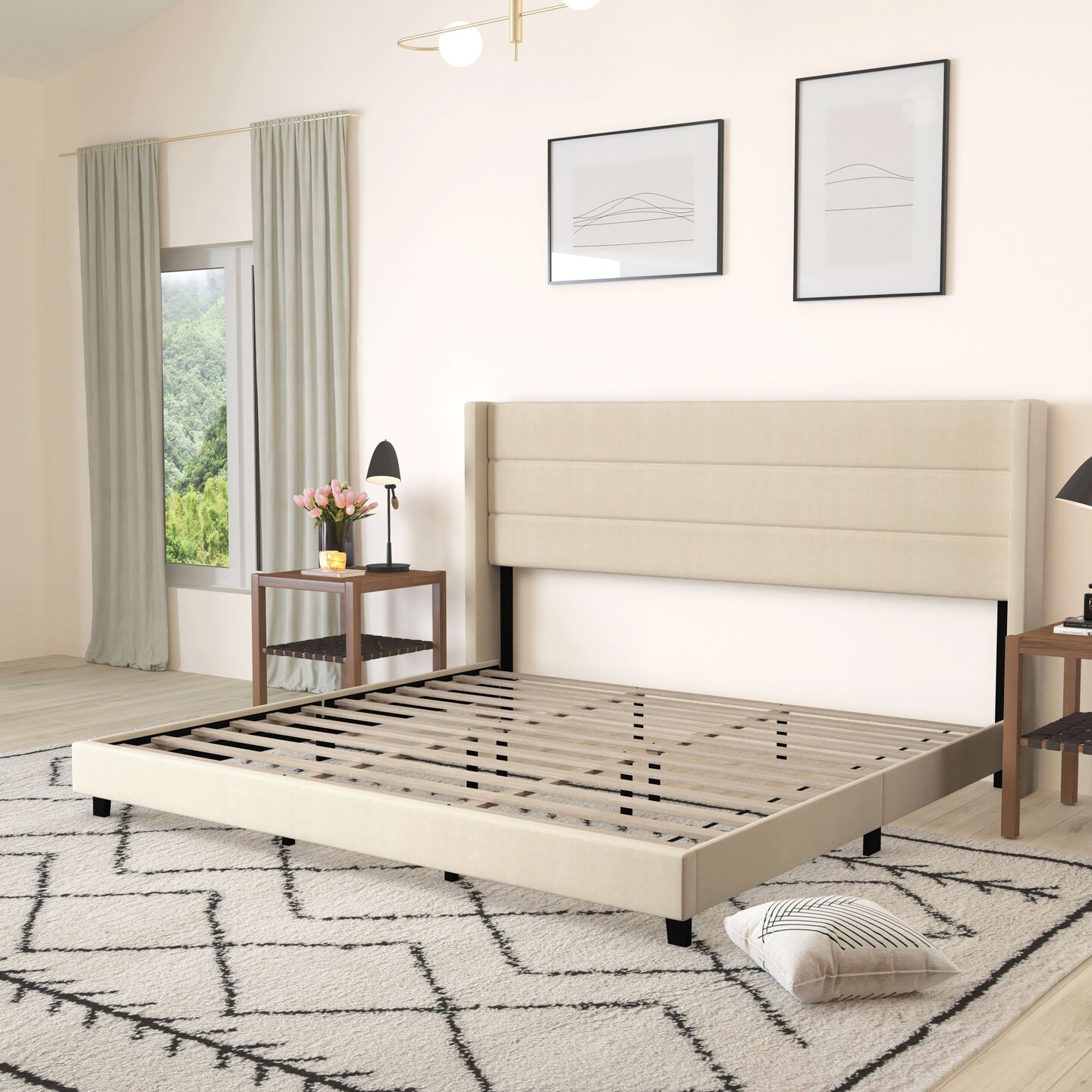 Merrick Lane Percy Modern Platform Bed with Padded Channel Stitched Upholstered Wingback Headboard and Underbed Clearance