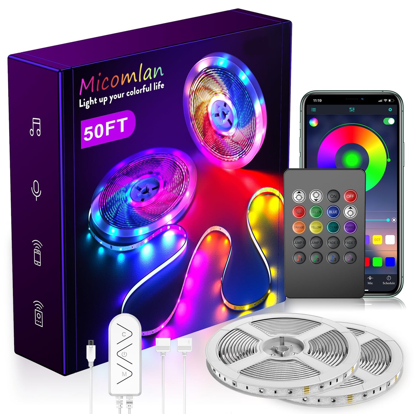 50ft/15M Led Strip Lights, Music Sync Color Changing RGB LED Strip Lights Built-in Mic, Bluetooth app Controlled Rope Lighting for Home Decoration Living Room Kitchen